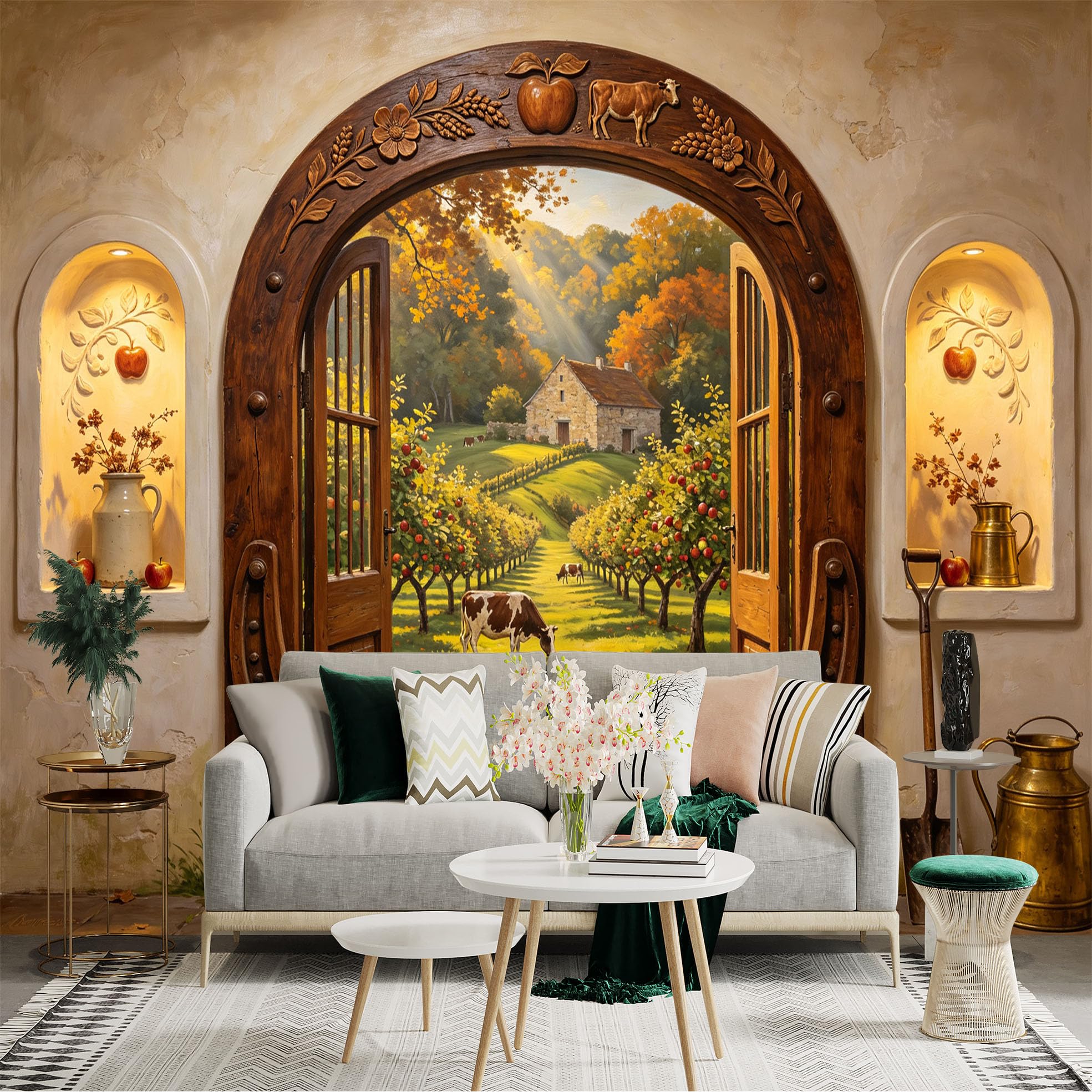 Custom Size Wall Sticker Mural， Rustic Farmhouse Orchard View with Wooden Arch Door and Autumn Countryside， for wall Decoration， peelandstick wall Decals.