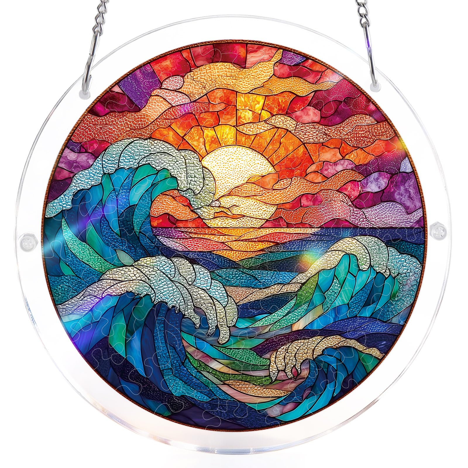 Blumuze Acrylic Puzzle for Adult Window Hanging,Acrylic Suncatcher Wall Hanging,Sun Catcher Stained Glass Acrylic Puzzle Decoration Birthday Gift for Women Men (Chasing the Sun Sea, 7.4 in)