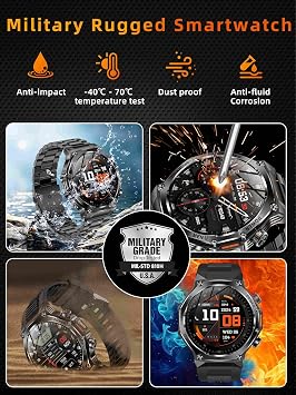 KPEP Military Watches for Men with 2 Straps (Bluetooth Call), 1.75 HD Screen Military Watch with Flashlight, 800mAh Battery, SpO2 Heart Rate Sleep Monitor IP68 Waterproof Smartwatches for Android iOS