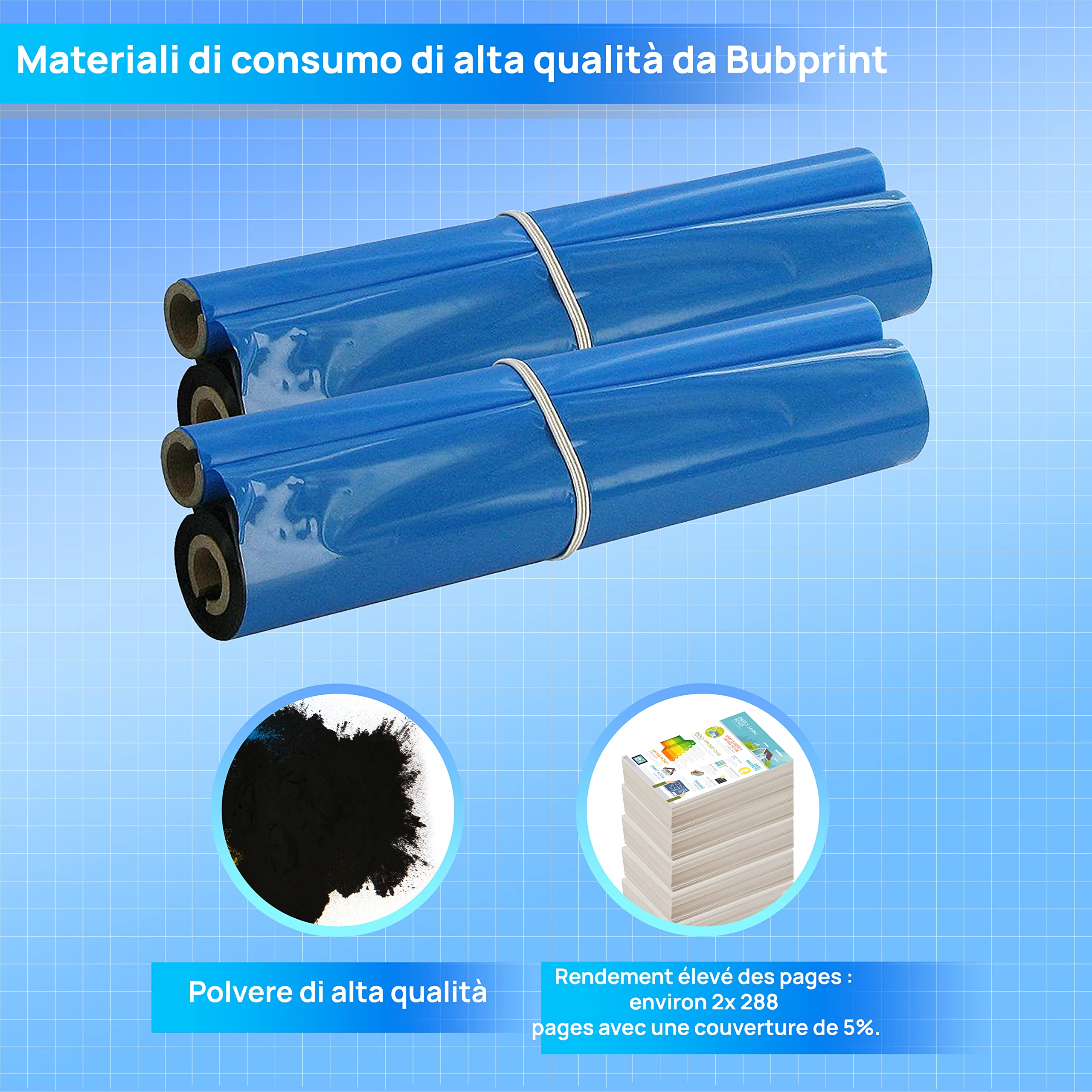 Bubprint 2 Rulli a trasferimento termico compatibili per Brother PC-72RF PC 72RF PC72RF per Fax T102 T 102 104 T104 T-104 106 T106 T72 T78 92 T92 T98 V1 Nero
