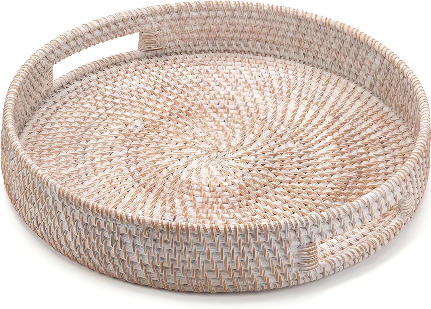 16.9" Round Rattan Tray, Hand Woven Serving Tray with Handles, Wicker Serving Basket, Decorative Tray for Home Decor, Whitewash 16.9" Whitewash