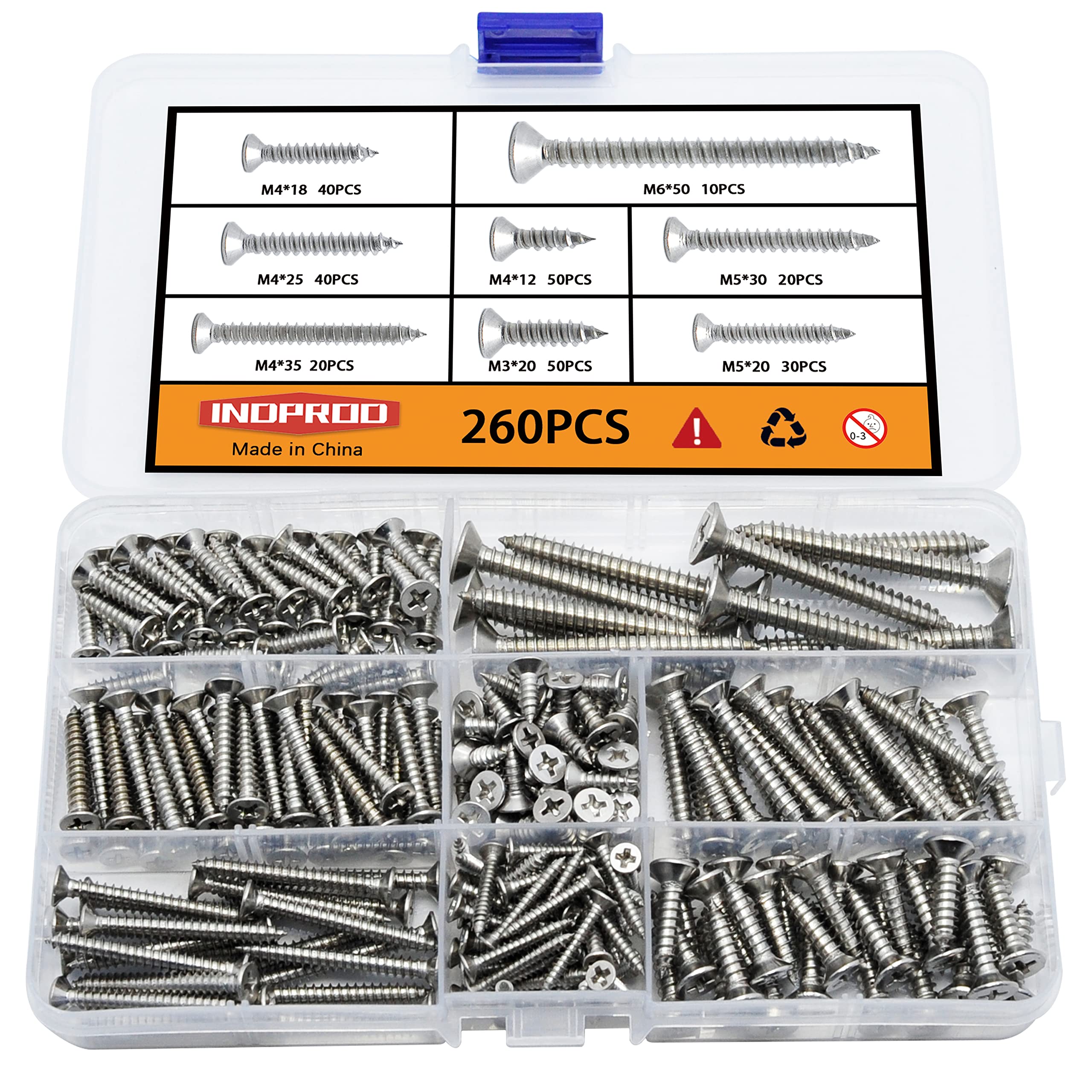 Indprod M3/M4/M5/M6 Flat Head Self Tapping Wood Screws Assortment Fasteners Kit 260Pcs,Phillips Drive Countersunk Head Self-Tapping Screws,Stainless