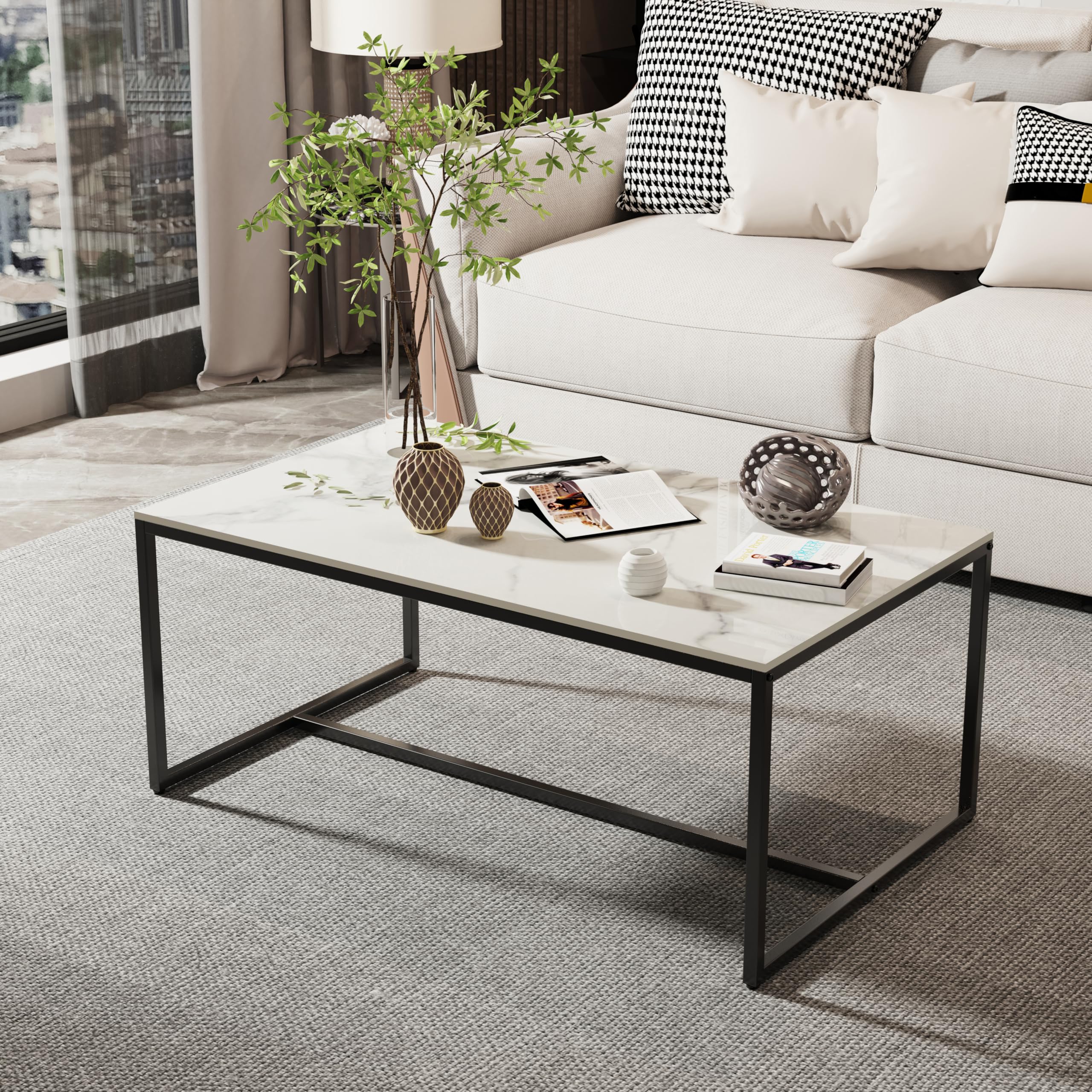 FATIVO Couchtisch Marmor Weiß Modern: Rechteckiger Skandinavisch Kaffeetisch Wohnzimmertisch mit schwarz Metallgestell - Beistelltisch für Wohnzimmer 100x60x40cm
