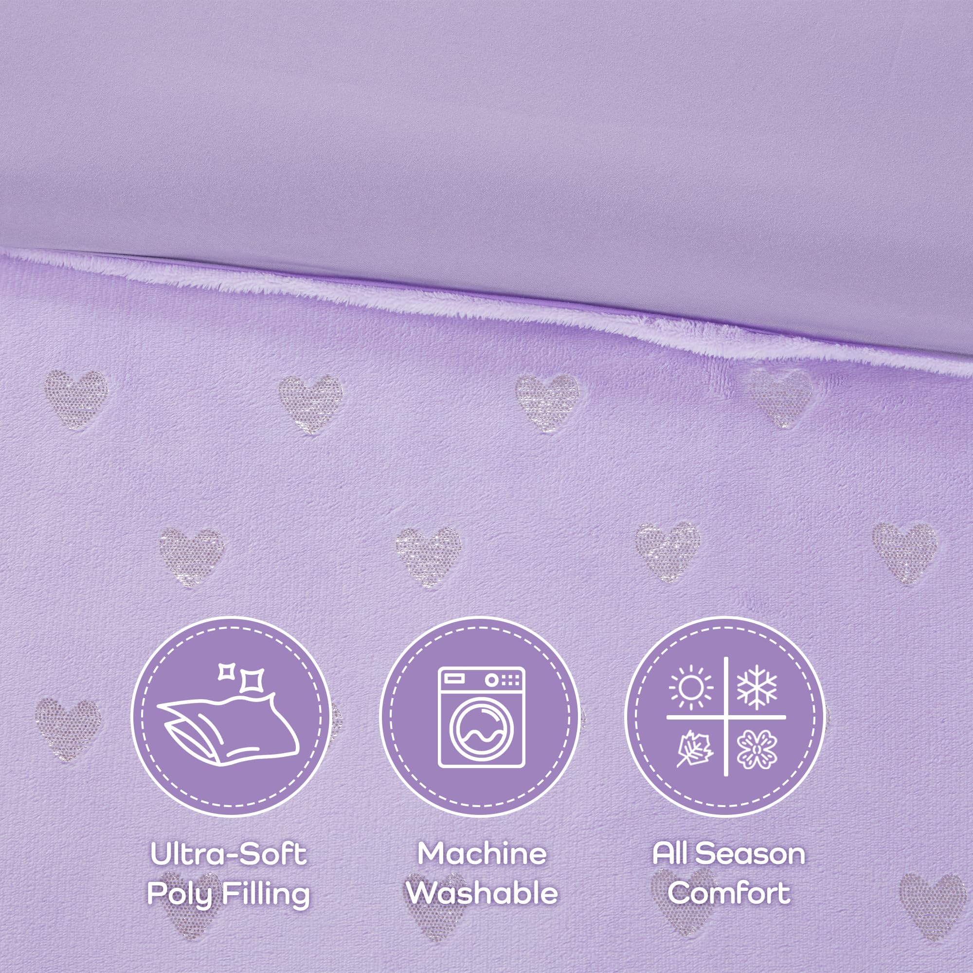MI ZONE Comforter ultramiękki mikrolekki pluszowy metaliczny nadruk serca szczotkowane odwrócone przepełnione alternatywne hipoalergiczne całoroczne pościel, mikrofibra, fioletowy/srebrny, podwójny XL