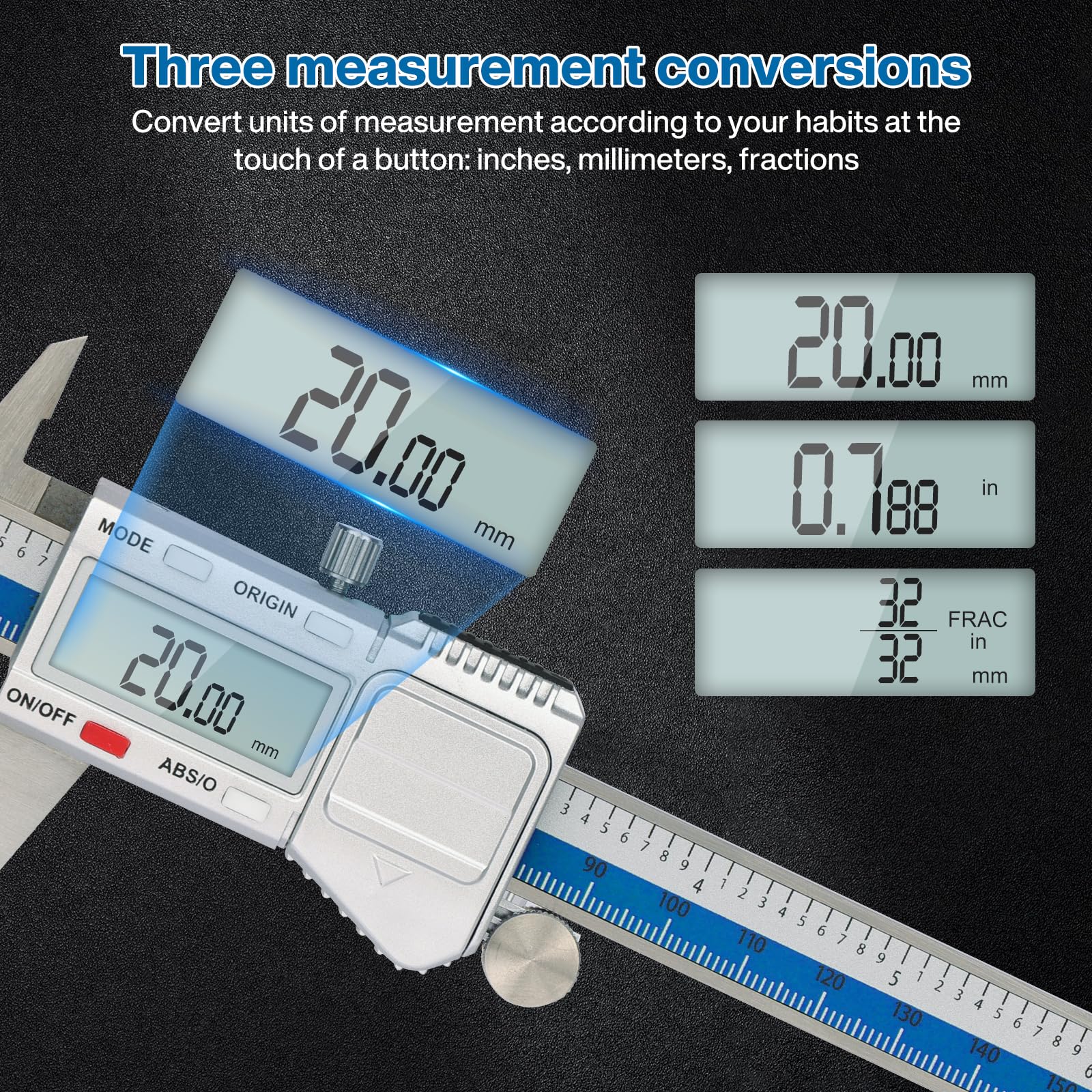 Calibro Digitale IP54 Impermeabile, Professionale Micrometro in Acciaio da 150mm/6 pollice, Calibro Metallo con Display LCD, Pollici/Millimetri/Frazione Conversione Calibro Elettronico