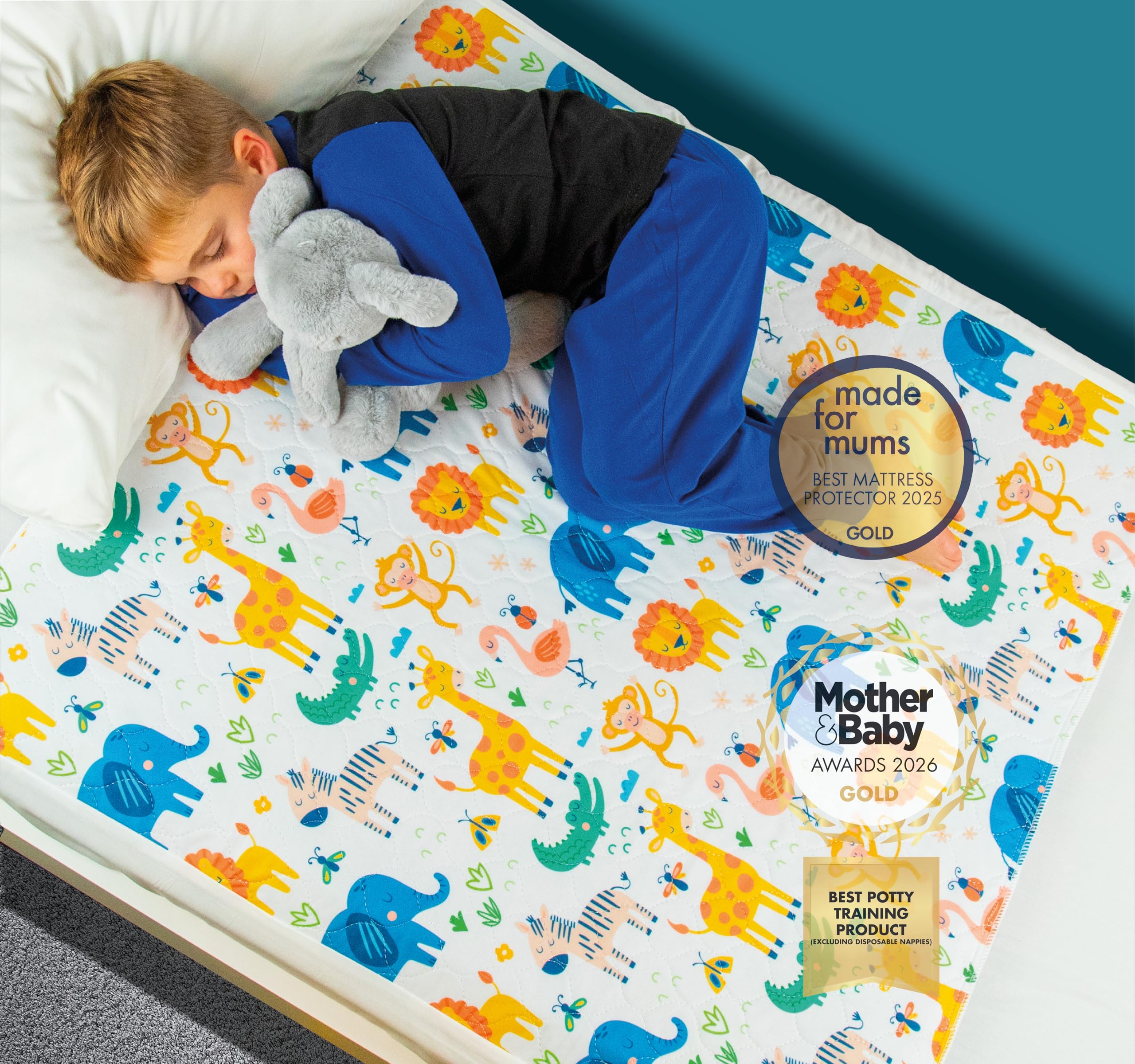 Potty Training Bed Pads | 100% Waterproof Mattress Protector | Bedwetting Sheets, size fits Single & Toddler Beds | Non Slip Mat with Side Wing Tucks | UK Brand | Animal