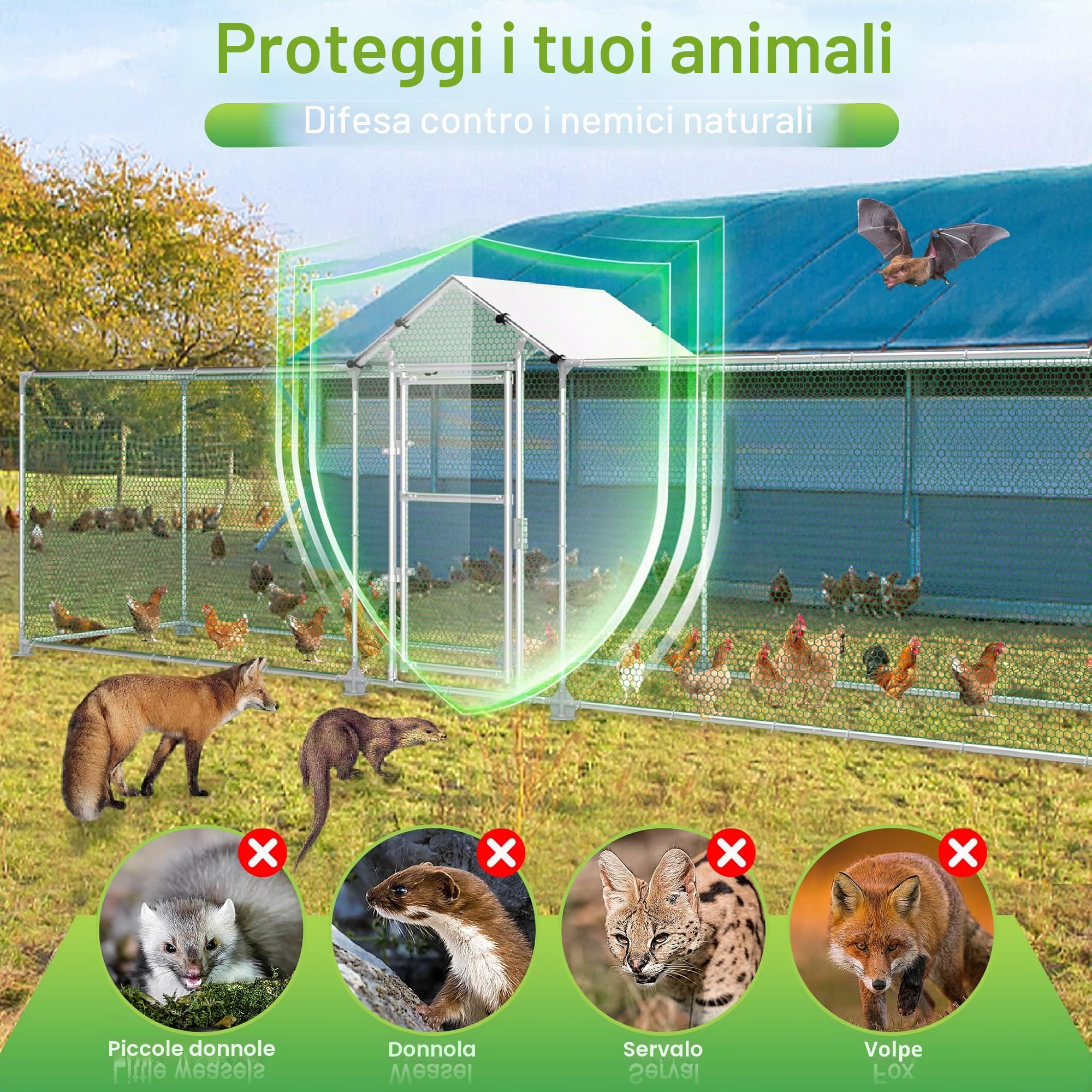 FIVMEN Recinto per galline, anatre e piccoli animali, 5 x 1 m, in metallo, con protezione solare, tetto, porta e serratura stabile, per galline, anatre e piccoli animali