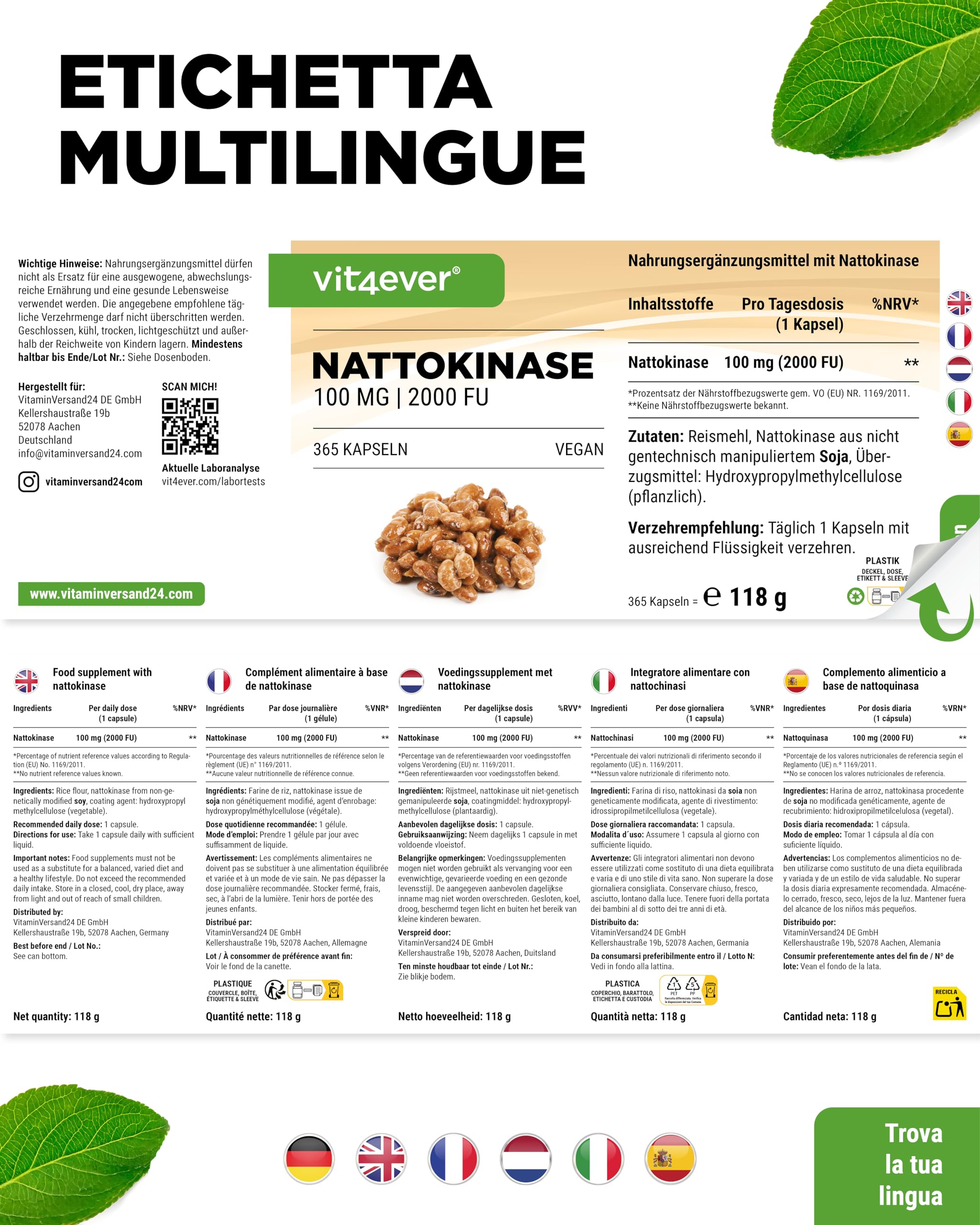 vit4ever Nattokinase - 365 Capsule da 100 mg Nattokinasi (20.000 FU/g) - Scorta per 12 Mesi - Alto Dosaggio - Vegano - Senza OGM - Senza Additivi Inutili