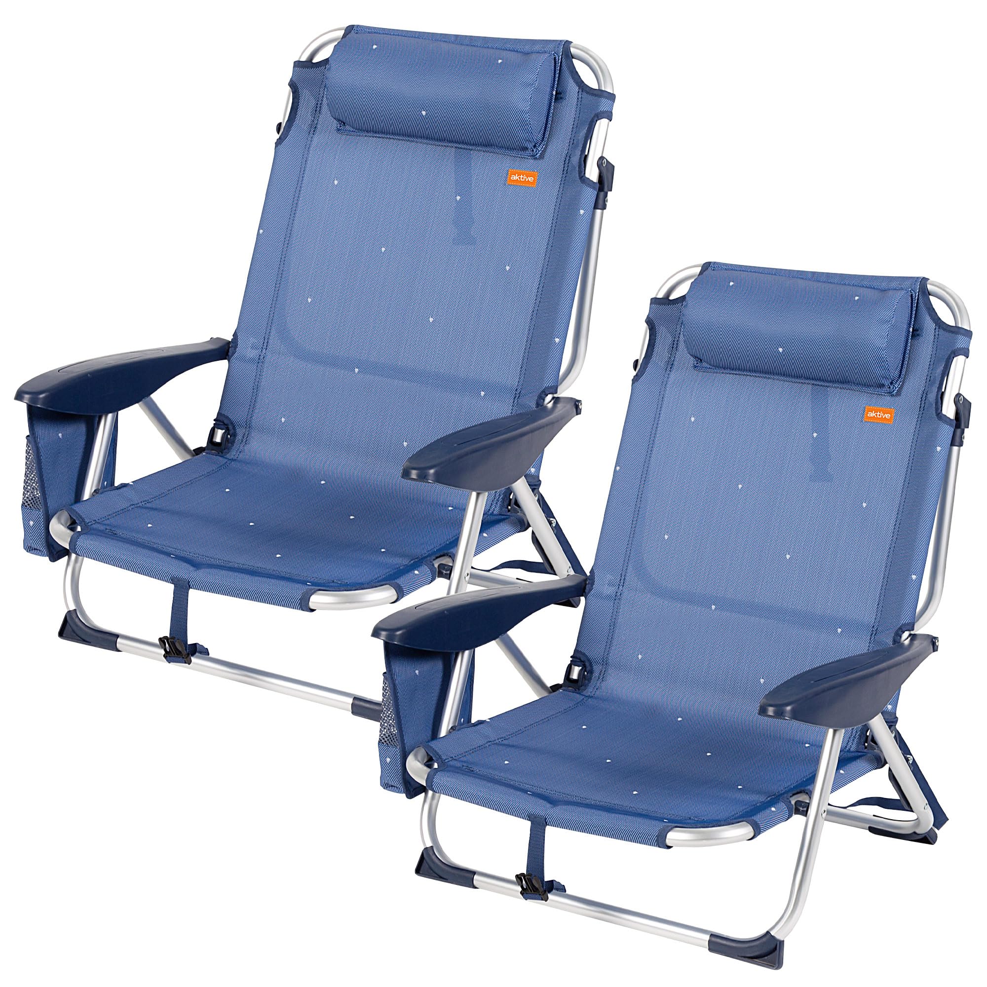 AKTIVE Packung mit 2 Strandstühlen, niedrig, neigbar in 4 Positionen, Kippschutz, mit Kissen und Seitentasche, leichtes Aluminiumgestell, für Strand oder Garten, 51 x 45 x 76 cm (62290)