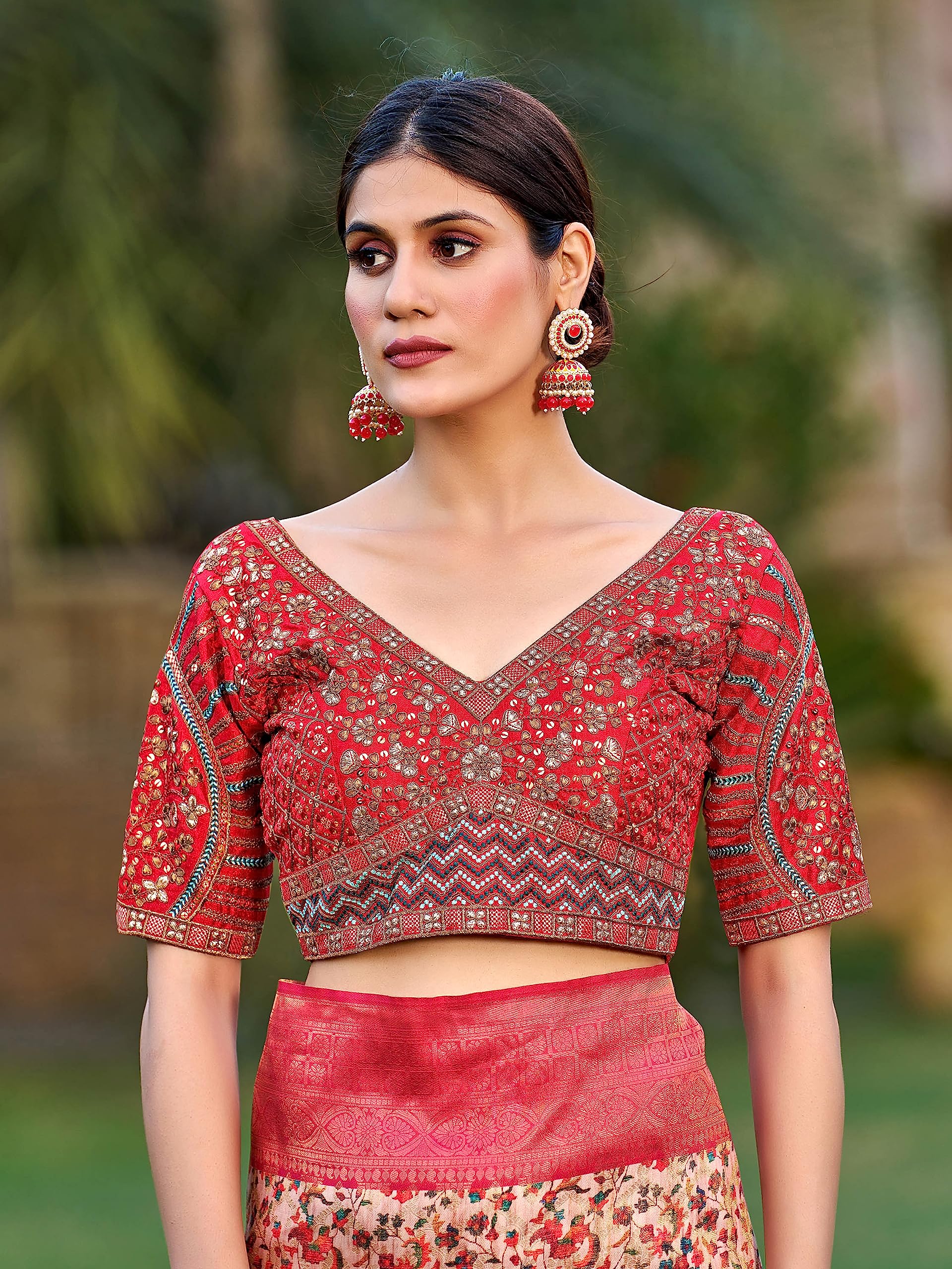 Pujia Mills Mills Women's Fancy Readymade Heavy Coding Embroidary Worked Half Sleeve Multicolor Saree Blouse(Mushroom) (Red, 38)