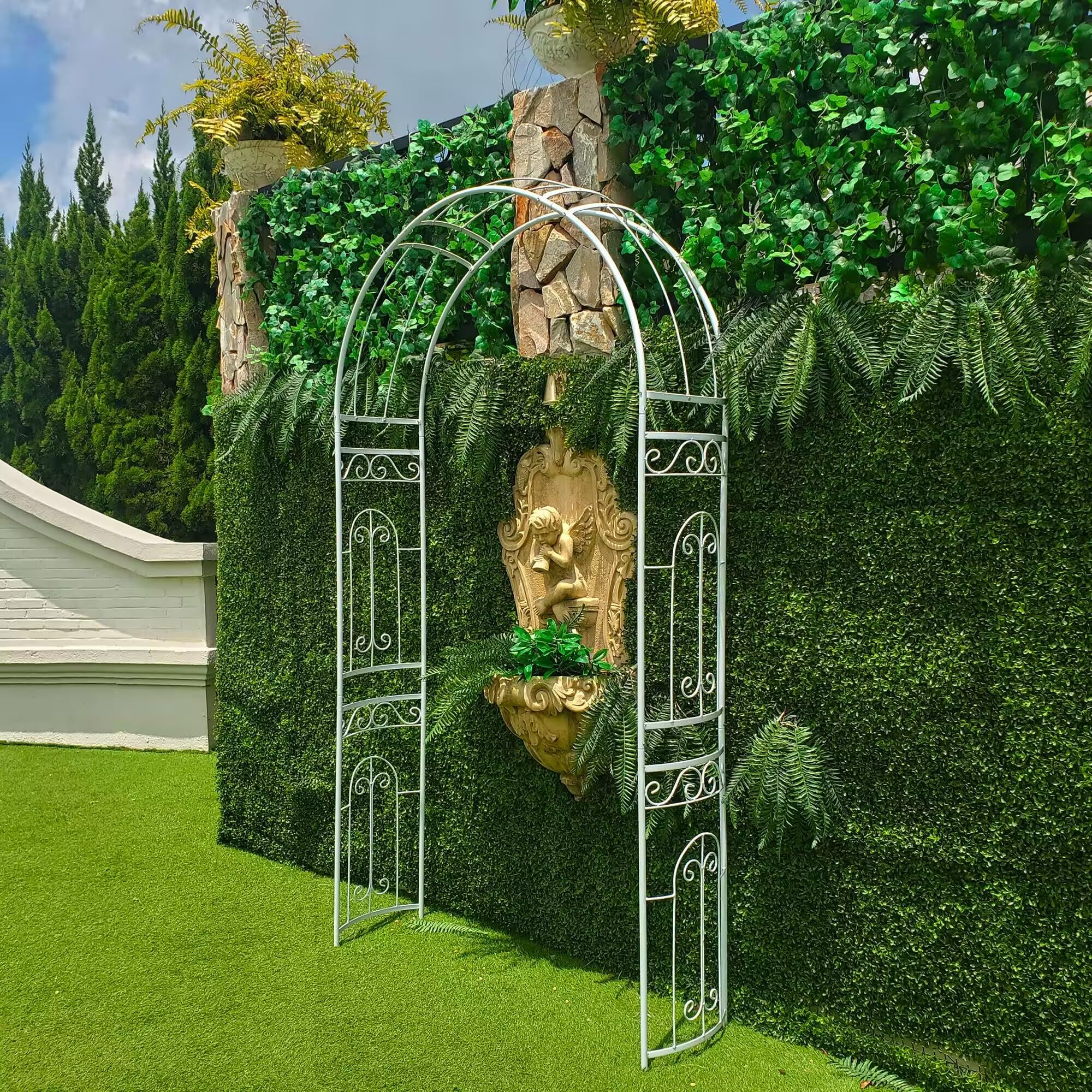 Weiß Rosenlaubengarten 242 x 114 x 35,5 cm Weißes Hochzeitsbogen Gartenbogen Metallbogen mit Eleganter Kurve für Kletterpflanzen, Rosen, Reben, Rasen, Garten, Patio, Outdoor-Zeremonie