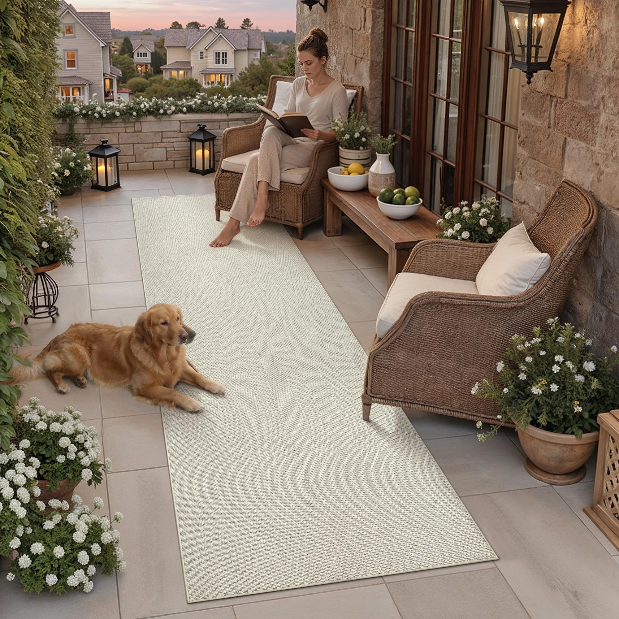 PureCozy Tapis Exterieur Resistant Pluie 60x240cm Couloir Extérieur Terrasse Beige Antidérapant Lavable Carpet Passage Jardin Balcon Descente de Lit Salle a Manger Moderne Jute Aspect Rug