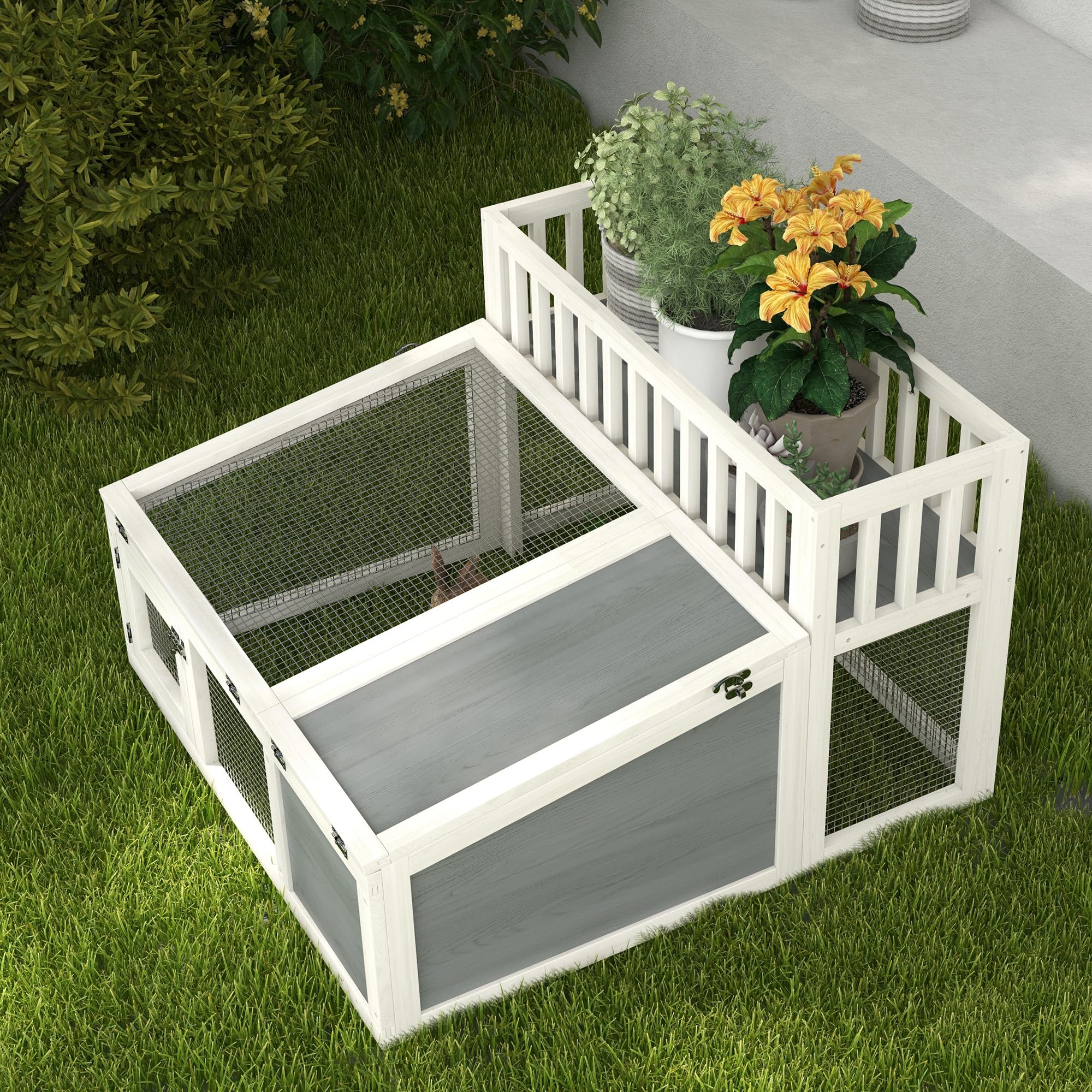 PawHut Clapier, Cage à Lapin en Bois avec étagère pour Plantes Grand Espace en Bois, Plusieurs Portes - Dim. 94L x 90l x 60H cm - Gris et Blanc
