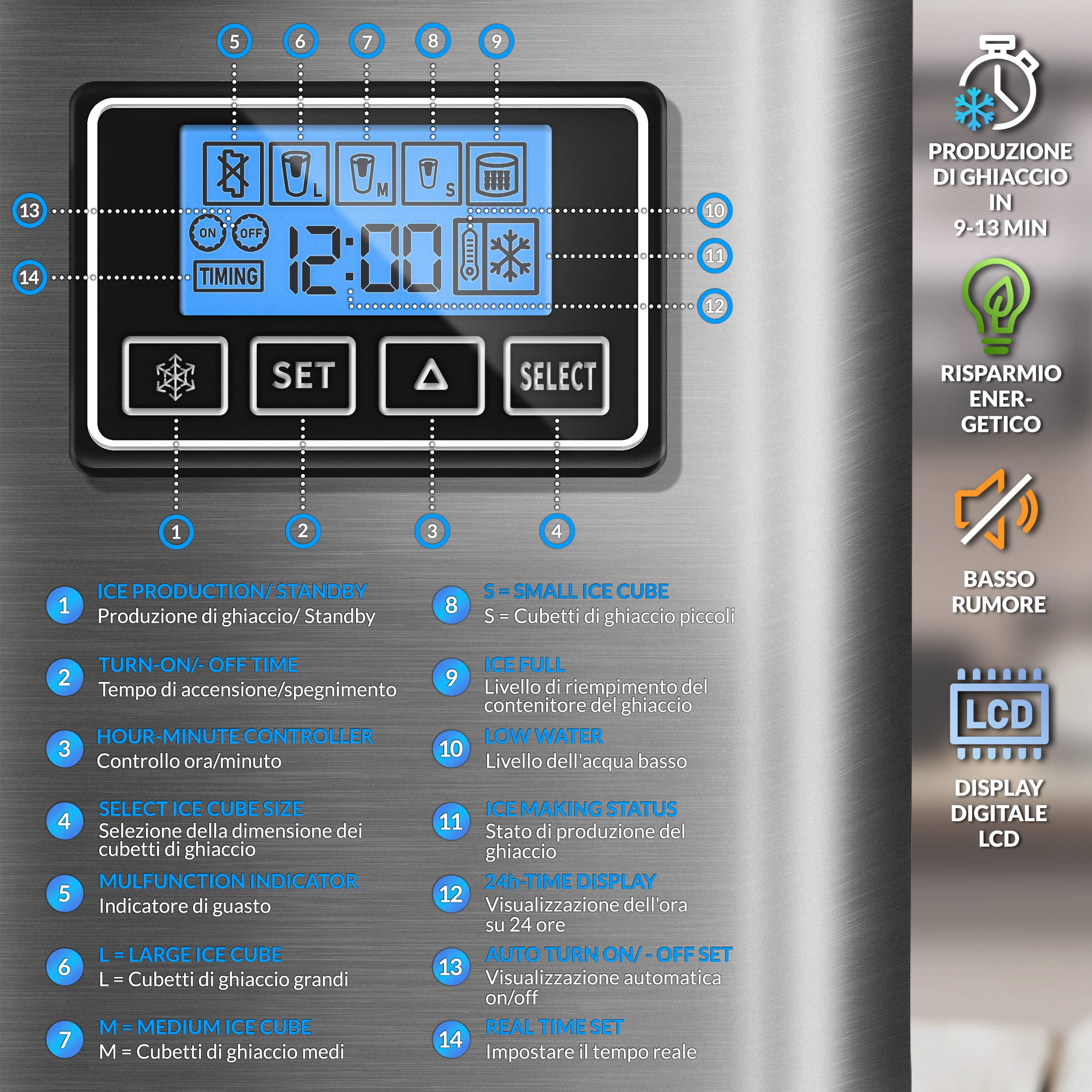 tillvex Macchina del Ghiaccio 12 kg - 24 h | Macchina Ghiaccio Casa in Acciaio Inossidabile | Macchina Professionale | 2,2 L Serbatoio d'Acqua | Display LED, Timer | 3 Misure Cubetti di Ghiaccio