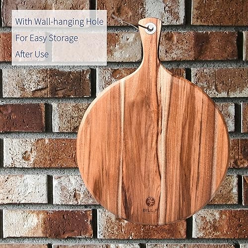 Miniatura 4 de BILL.F - Tabla de cortar de madera de acacia de 14 pulgadas de largo x 14 pulgadas de ancho, con mango de 5 pulgadas, longitud total de 19 pulgadas