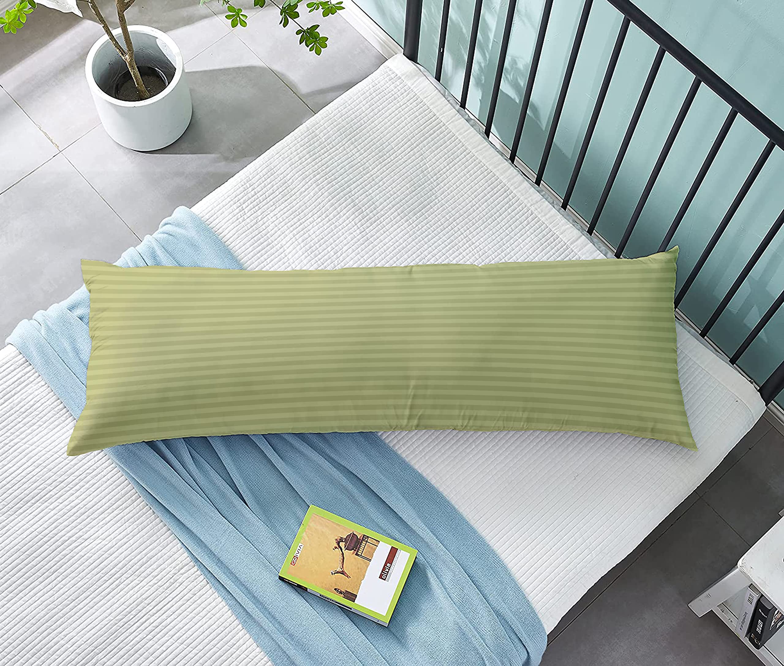 Hotel Linen Klub DEYARCO Princess Long Body Pillow 1pc, 85 GSM Microfiber 1 cm Stripe Super Soft, Filling: 1300 gm Hollow Fiber Comfort Color: Olive, PRC-BDYPLW-MFB- OLV, 45 x 120cm