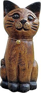 Land of Simple Treasures Hand Carved Wooden Cat Statue - Little Kitten Figurine Sculpture - Brown 5 Inches (Middle)