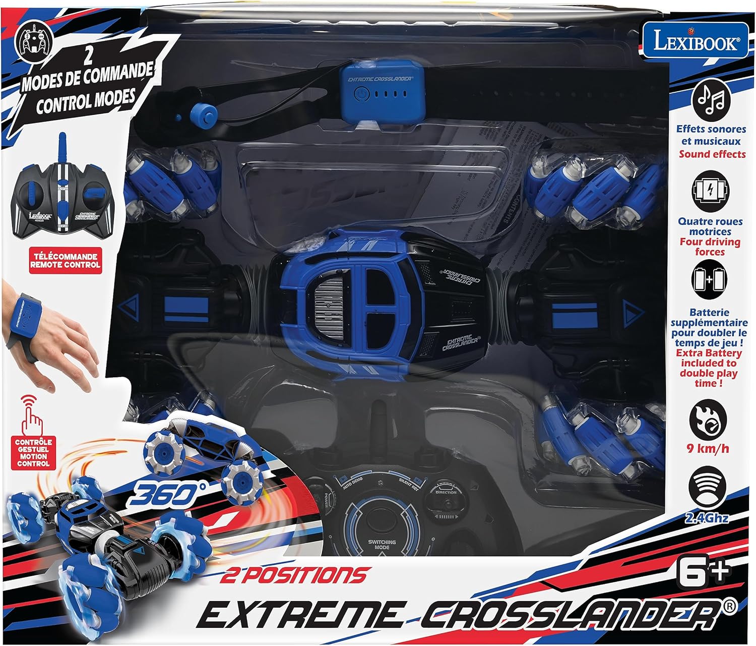 LEXIBOOK, Extreme Crosslander® RC Car Luminous Off-Road Remote Control with Wristband, Rechargeable, Electronic Action Game, Black/Blue, RC49