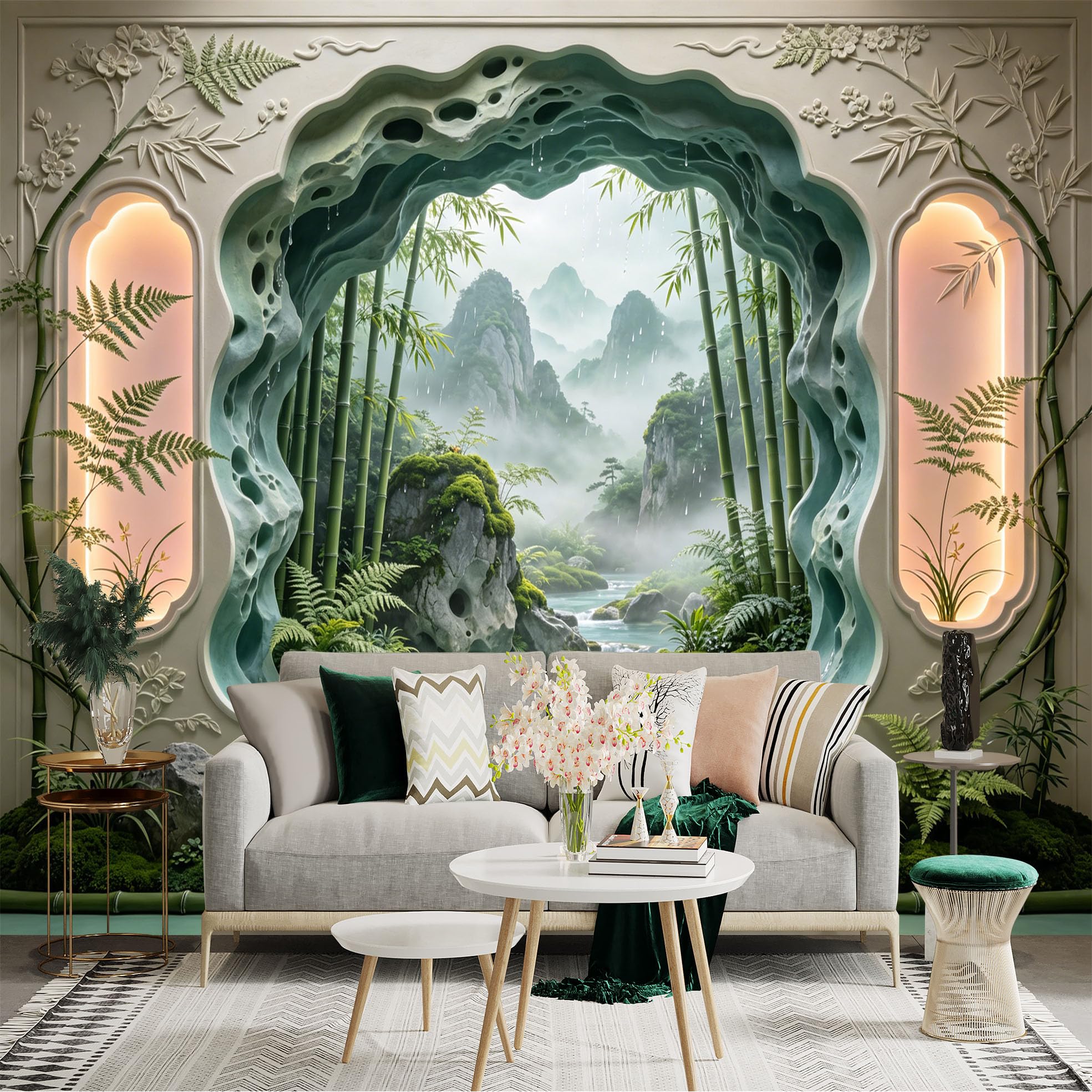 Custom Size Wall Sticker Mural， Bamboo Forest with Waterfall， Mountains and Misty Landscape， for wall Decoration， peelandstick wall Decals.