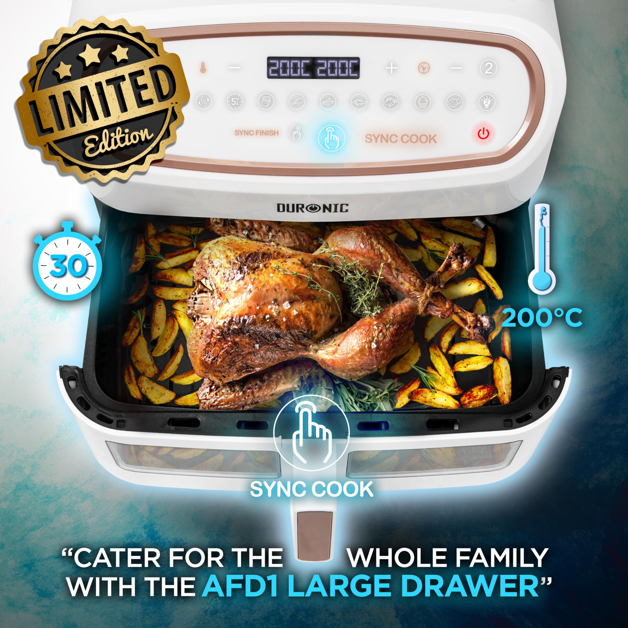 Duronic AF34 WE Friggitrice ad Aria extra grande, Air Fryer 2400W, 2 cestelli da 5L e 1 Cestello da 10L, Senza olio 10in1, Friggitrice ad aria calda con finestra di controllo