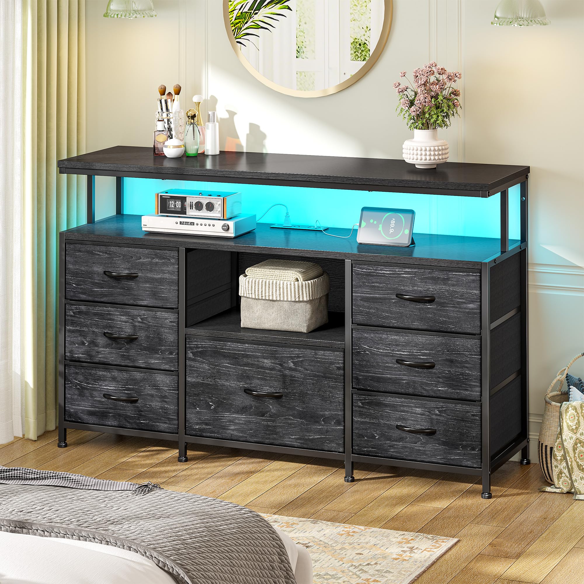 EnHomee Dresser for Bedroom with LED Lights & Power Outlets, Black Dresser TV Stand for 55" TV, 7 Fabric Drawers and 2 Open Storage Shelves, Closet,