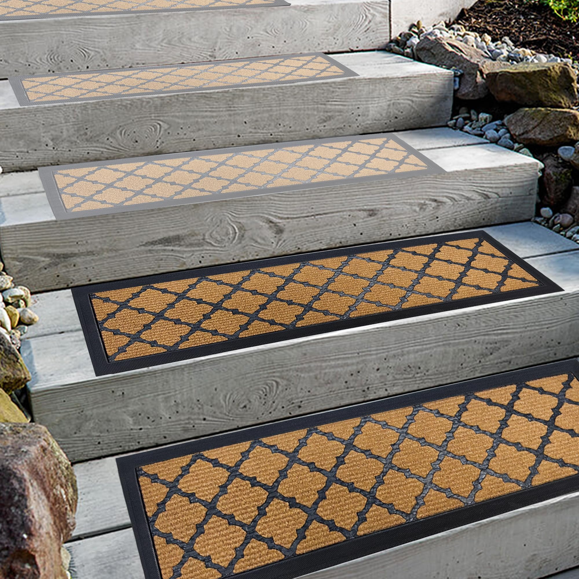 Aucuda Lot de 2 tapis d'escalier d'extérieur en caoutchouc - 76 x 22 cm - Résistants aux intempéries et antidérapants - Isolation thermique - Pour l'extérieur - Tapis d'escalier antidérapants - Jaune