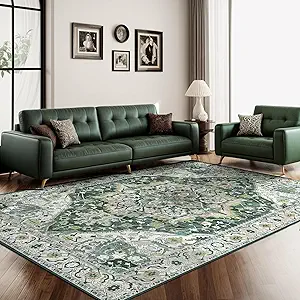 Green Boho Washable Area Rug 5x8 Vintage Rug for Living Room Bedroom Non Slip Low Pile Faux Wool Floor Carpet Farmhouse 5x8 Rug for Dining Room Office, Green/Multi