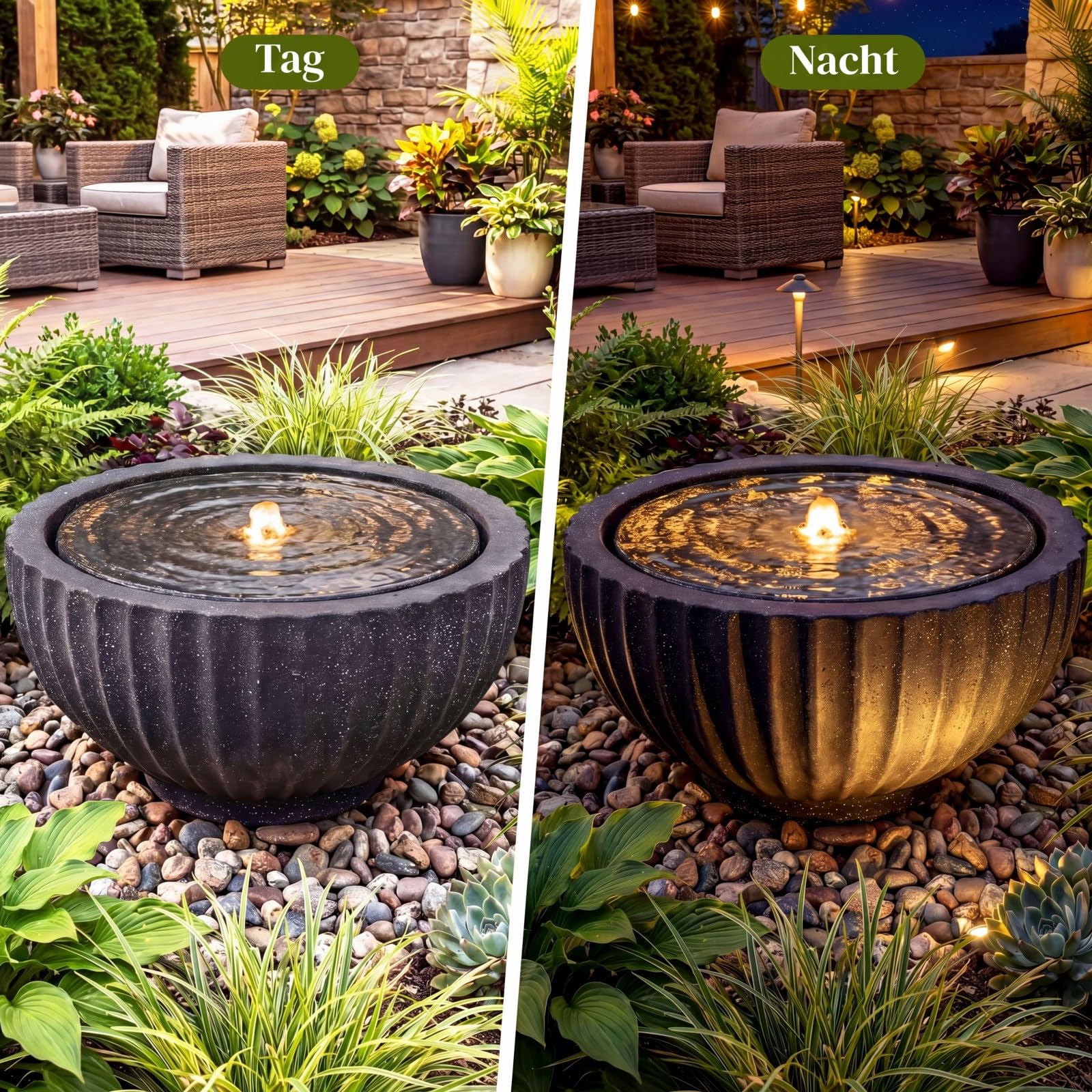 COSTWAY Springbrunnen Rund, Gartenbrunnen mit LED Beleuchtung & Pumpe, Brunnen Outdoor, Steinoptik, Zimmerbrunnen draußen, Wasserfall Brunnen für Garten Balkon Terrasse, 45 x 45 x 23,5 cm
