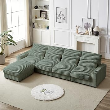 Wakefit Modular Sectional Sofa Couch, 126" Modern 4-Seaters Living Room Furniture Sets with Cup Holder, USB Port, Movable Ottoman & 4 Pillows | L Shape Couch | Corduroy Fabric, Green
