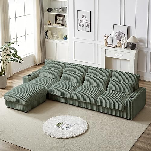 Eafurn L Shaped Modular Sectional Sofa Couch with Movable Ottoman, 6 Seater Oversized Corduroy Upholstered Convertible Corner Sofa Couch w/Cupholders, USB and Type C Ports