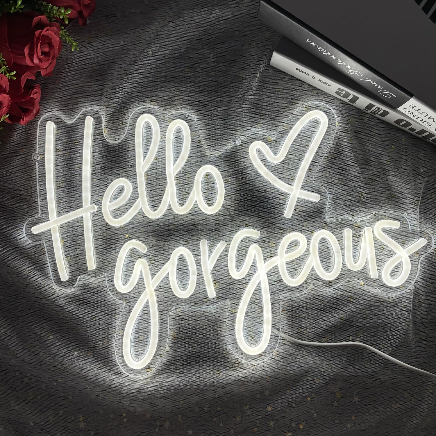Hello Gorgeous Neon Sign,LED White Neon Hello Sign Decorative Art Lamp with Dimmable Switch Suitable for Home Wedding Birthday Backdrop Party,17x10In,Usb Powered(White Hello Gorgeous)