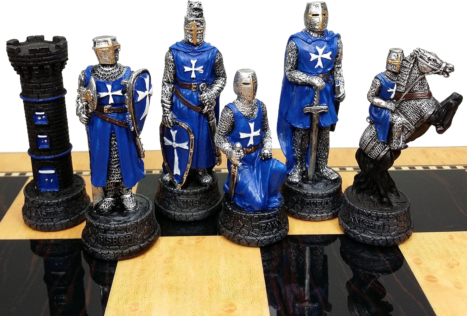 Blue & White Medievel Times Crusades Warrior Knight Chess Set W/ 17" High Gloss Walnut Color Storage Board