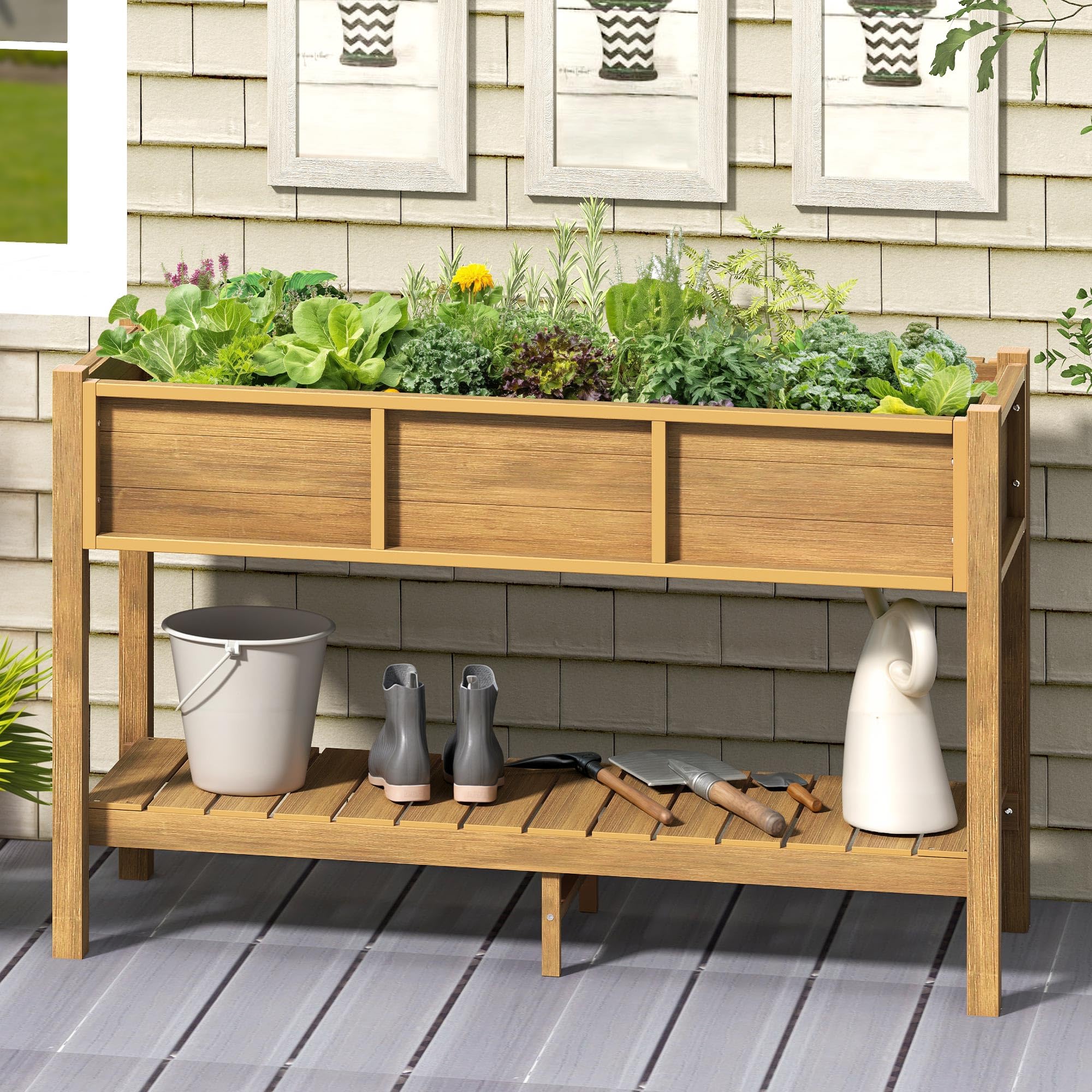 YITAHOME Raised Garden Bed, 47x18x31 Inch HIPS Poly-Wood Weather-Resistant Elevated Planter Box with Storage Shelf for Vegetable Flower, Brown