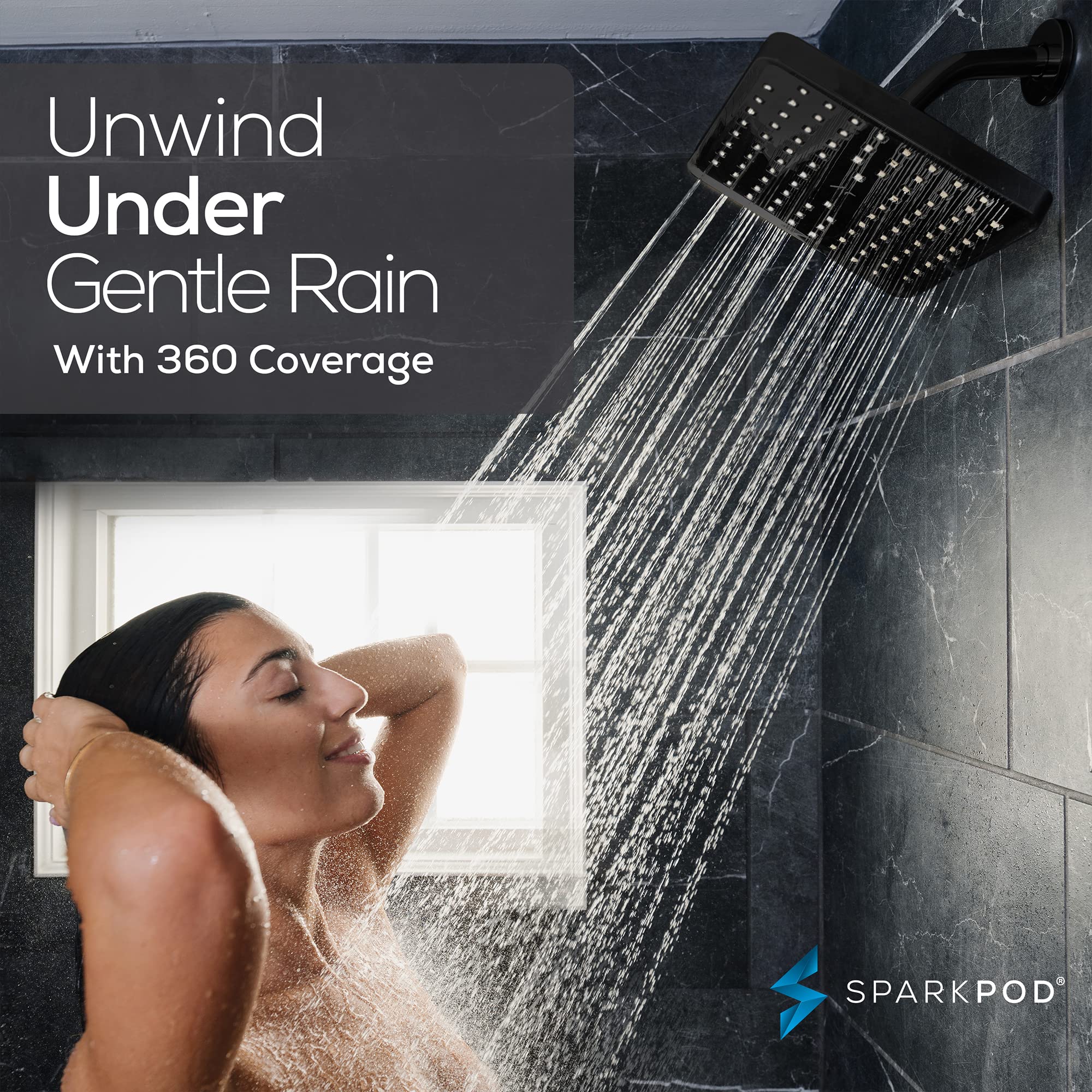 SparkPod Soffione doccia fisso, pioggia ad alta pressione, look moderno di lusso, facile installazione senza attrezzi, ricambio perfetto per il soffione doccia del bagno (quadrato 20 cm, nero