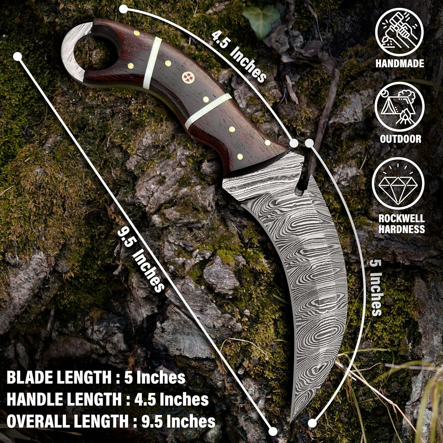 RC Damascus Hunting Knife with Leather Sheath | 9'’ EDC Knife for Men - WOODEN Handle | Full Tang Fixed Blade handmade Knives - it's a unique product for unique buyers. (Brown)