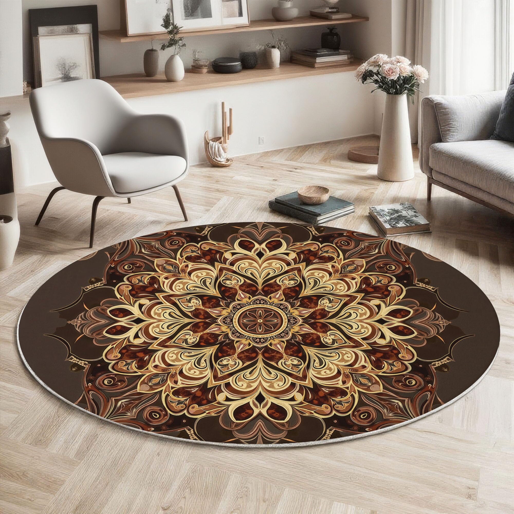 Tapis mandala brun doré pour créer un coin lecture cosy