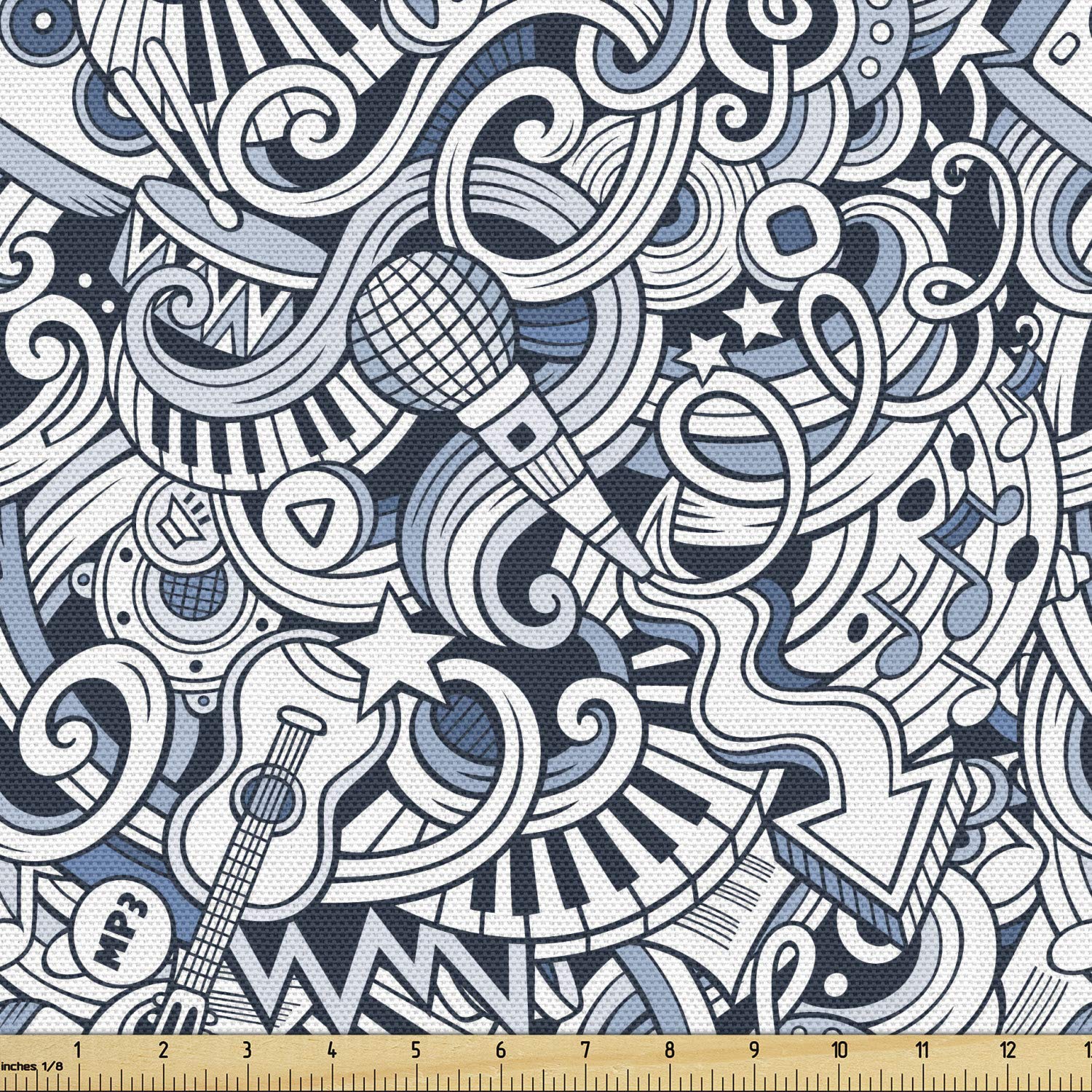 Ambesonne Popstar Party Fabric by The Yard, Cartoon Style Hand Drawn Doodles Music Theme Line Art Print, Decorative Fabric for Upholstery and Home Accents, 3 Yards, Blue Ecru