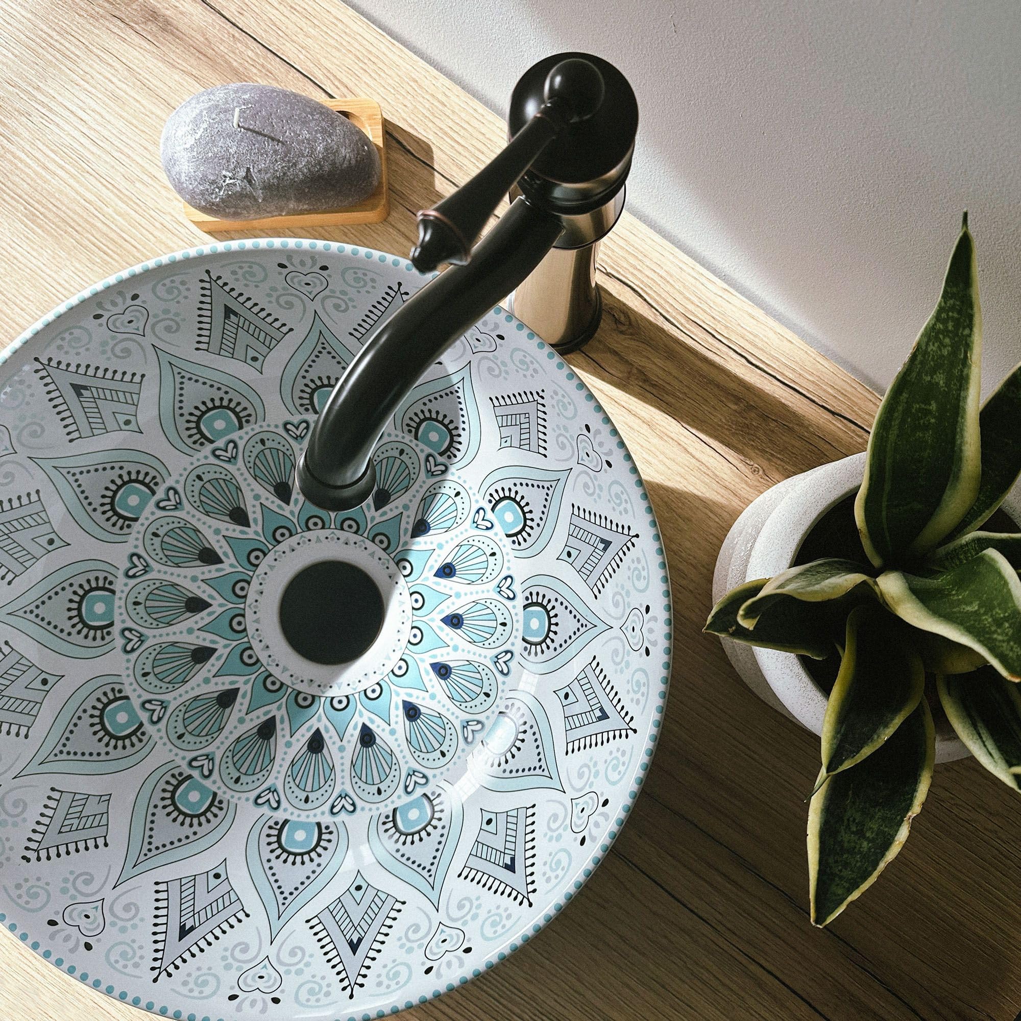 Lavabo Sobre Encimera Rea Mandala Blanco Azul