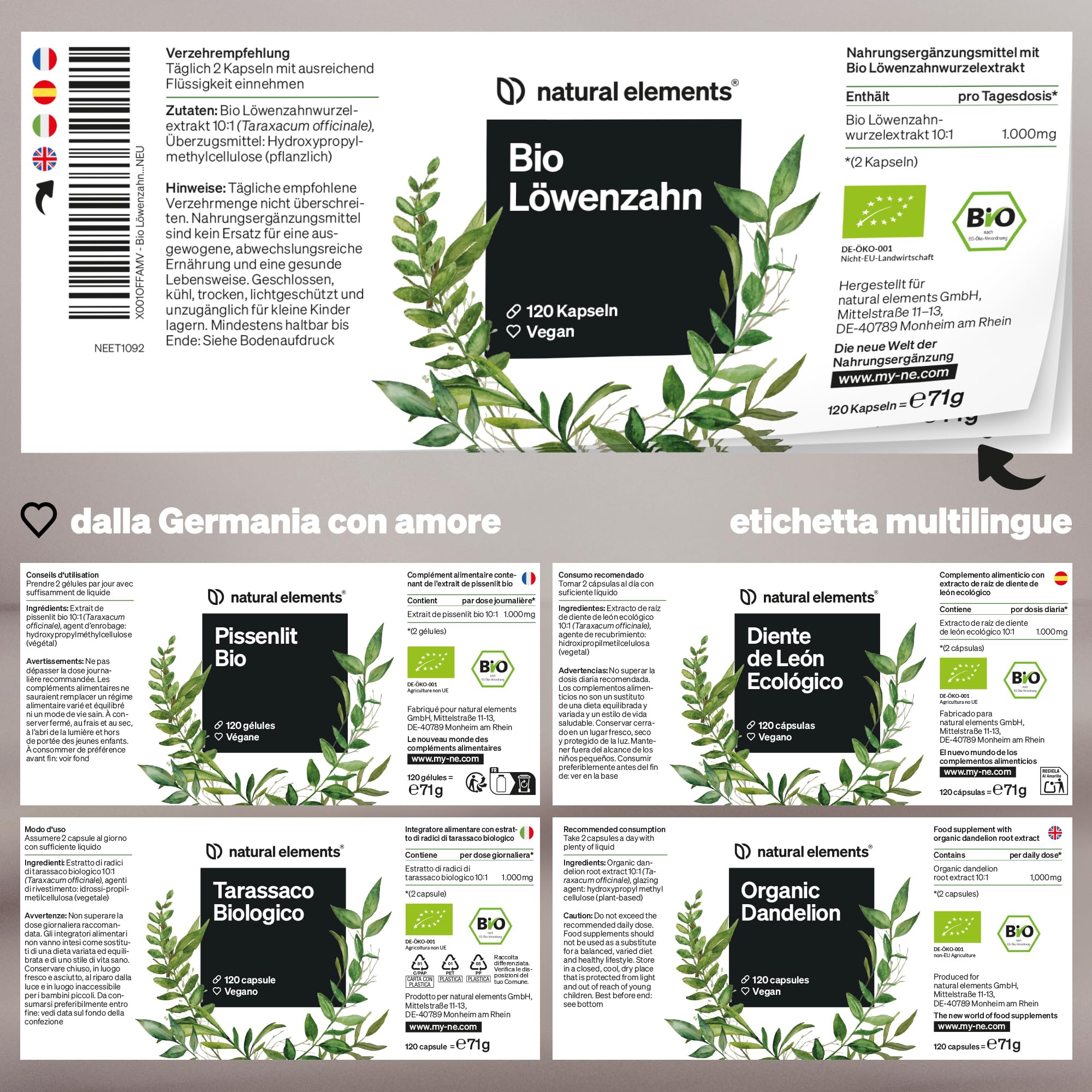 Tarassaco Biologico – 120 capsule – 1.000 mg di estratto di radici di tarassaco/2 capsule – rapporto 10 : 1 ad alto dosaggio – vegano, elevata biodisponibilità, senza additivi inutili