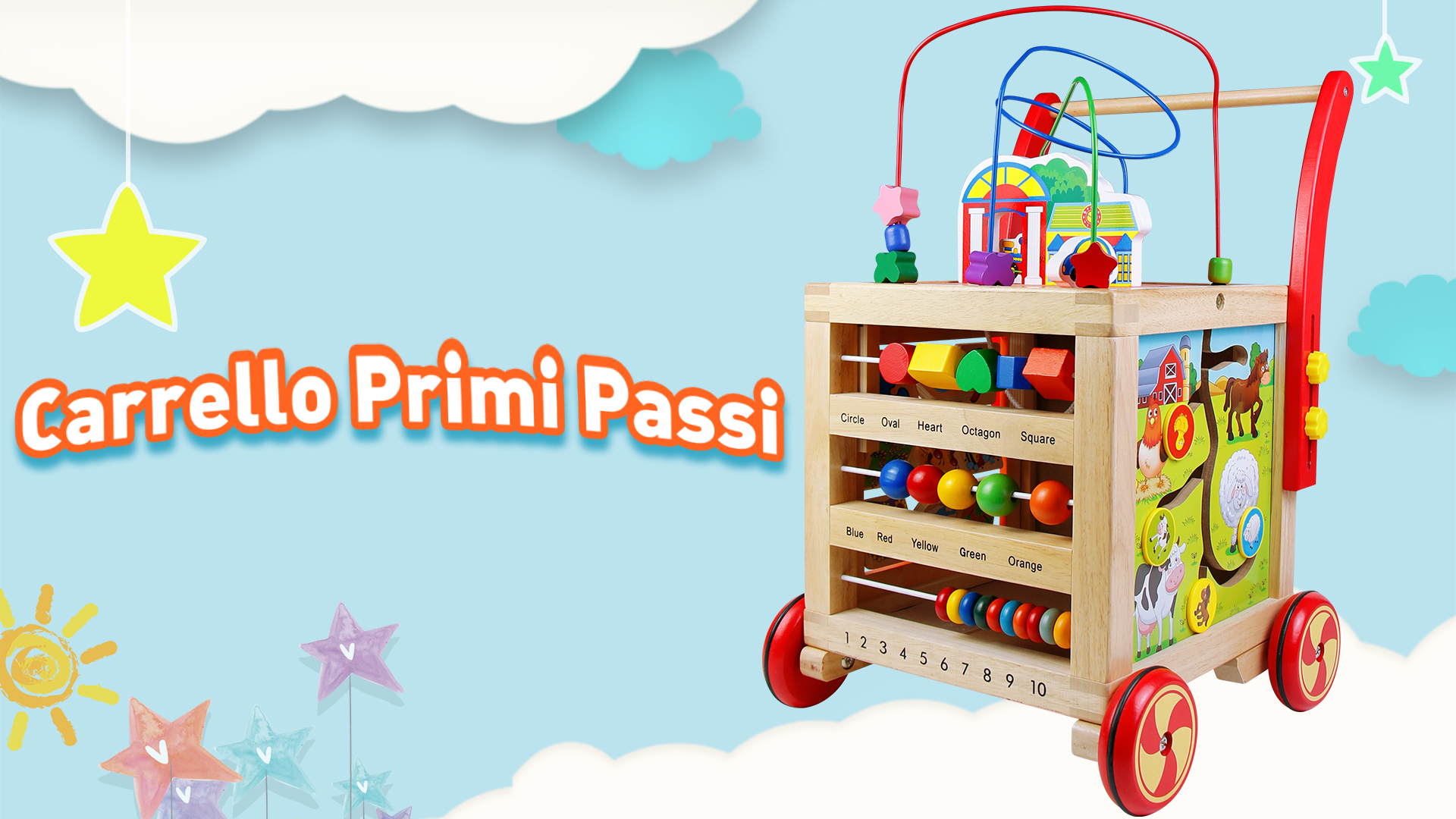 Girello Montessori In Legno Con Blocchi E Ruote, Giocattolo Multifunzione Per Bambini Da 1 Anno, Attività Creative E Primo Passo