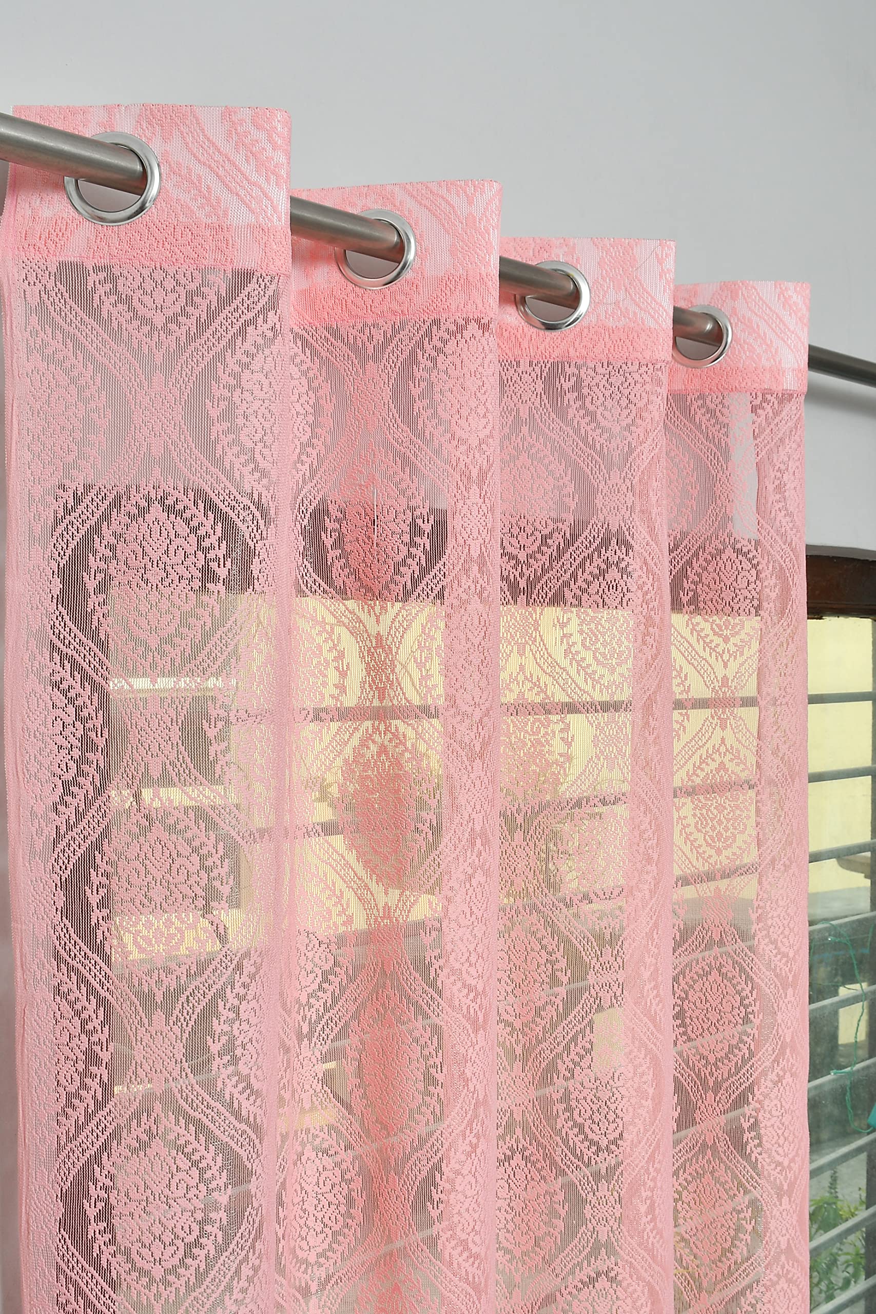 Kiara Creations Damas Net Transparent Curtains for Long Door- 8 Feet (Pack of 2) Pink