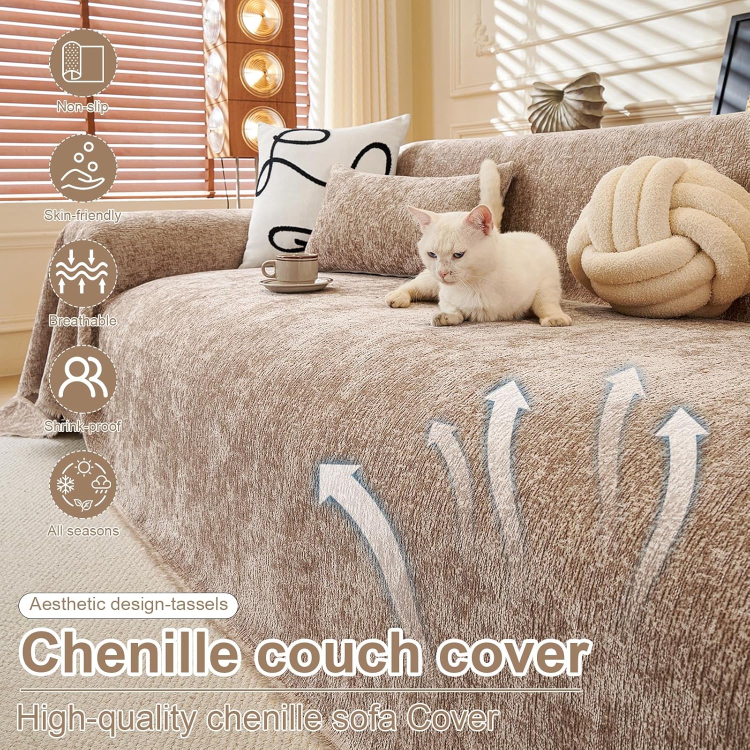 ROOMLIFE Boho Couch Covers for Sofa Washable for 3 Cushion Couch, Chenille Furniture Protector Sofa Couch Cover for Dogs, Soft Breathable Sofa Slipcover, Couch Throw Blankets with Tassels 71''X134''