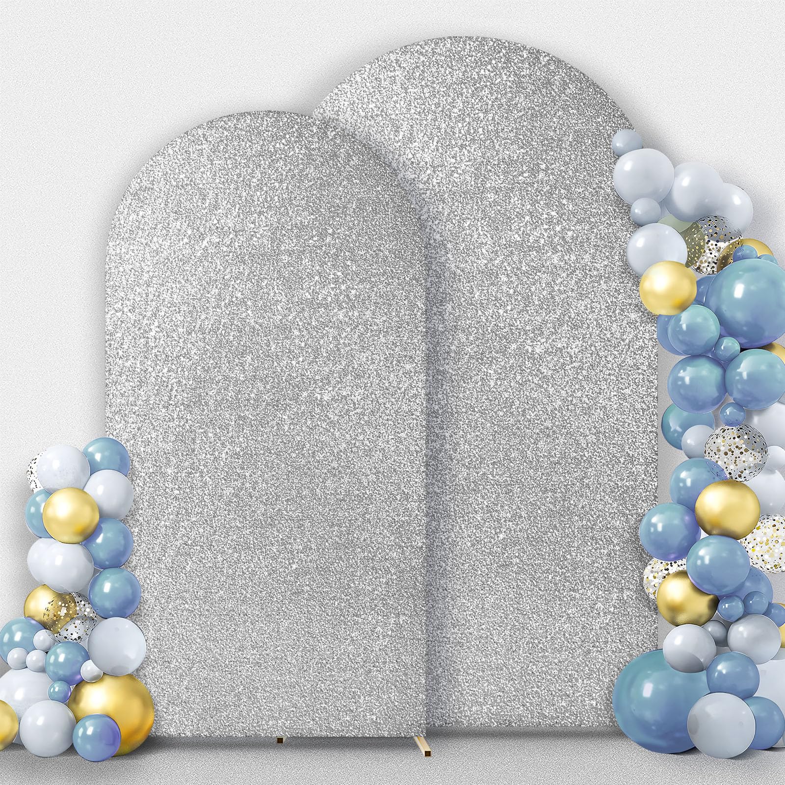 Wedding Arch Cover Set of 2 Sequin & Fabric 2-Sided Use Round Top Chiara Arch Stand Backdrop Covers for Wedding Birthday Party Baby Shower Ceremony Banquet Decoration, 6.6ft 7.2ft, Silver