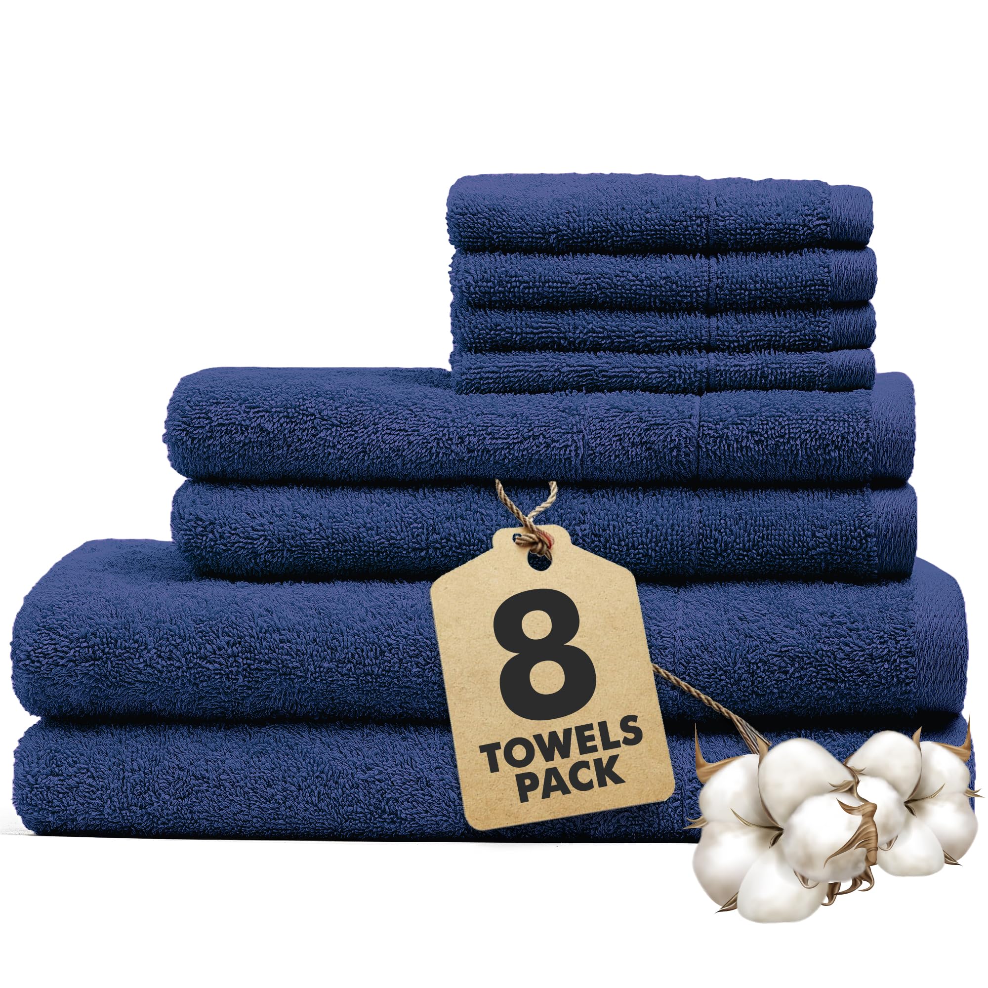 Novo Home Bath Towels Set of 8 – 550 GSM 100% Cotton Royal BlueTowel Set Bale Includes 2 Bath, 2 Hand, 4 Face Towels – Soft, Absorbent & Quick Dry Towel for Bathroom, Spa, Kitchen, Hotel Use — image 1