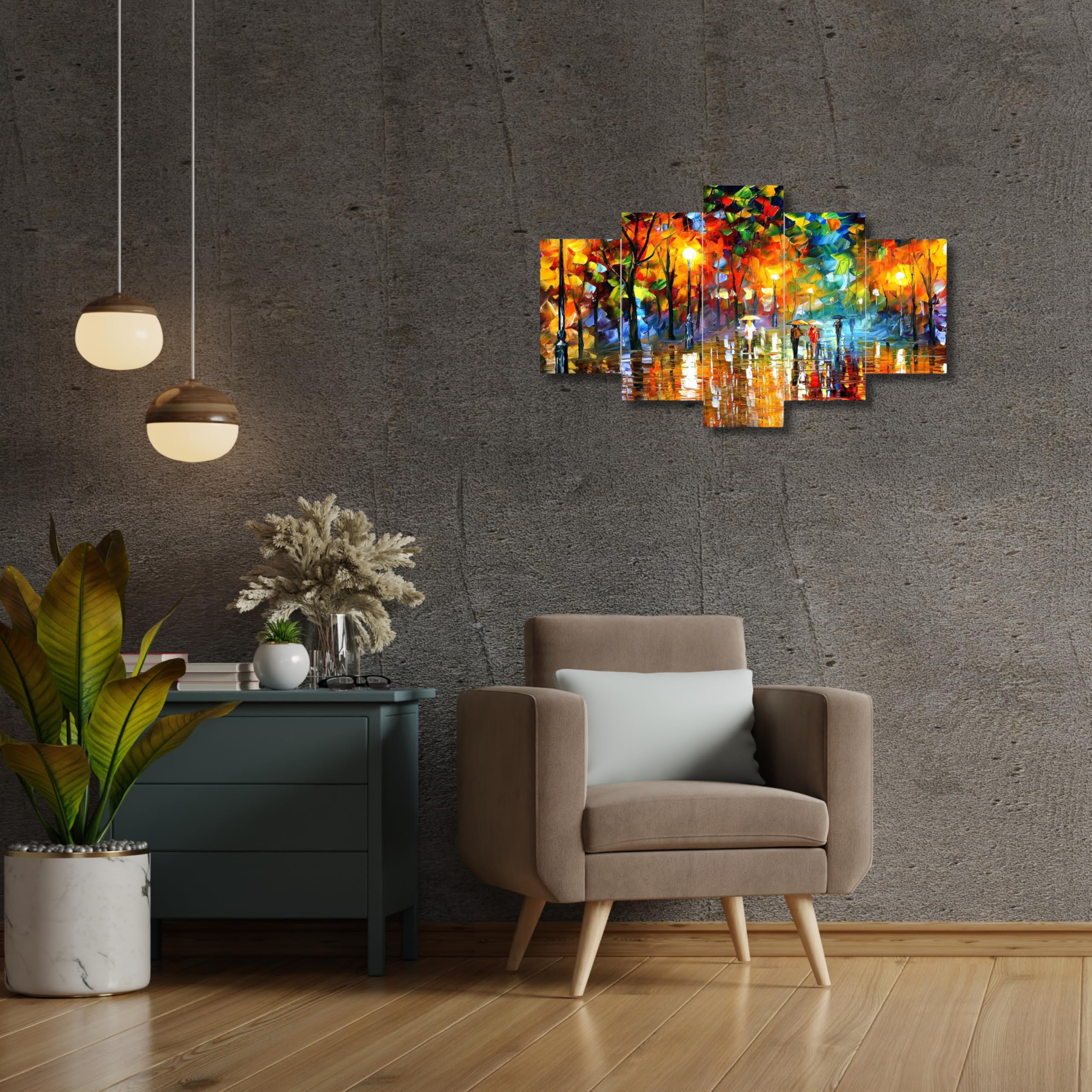 AlertEra Beautiful 5-Piece Rainy Day Wall Art Set | 17x30 Inch Wall Painting Decor | Nostalgic People in Umbrellas