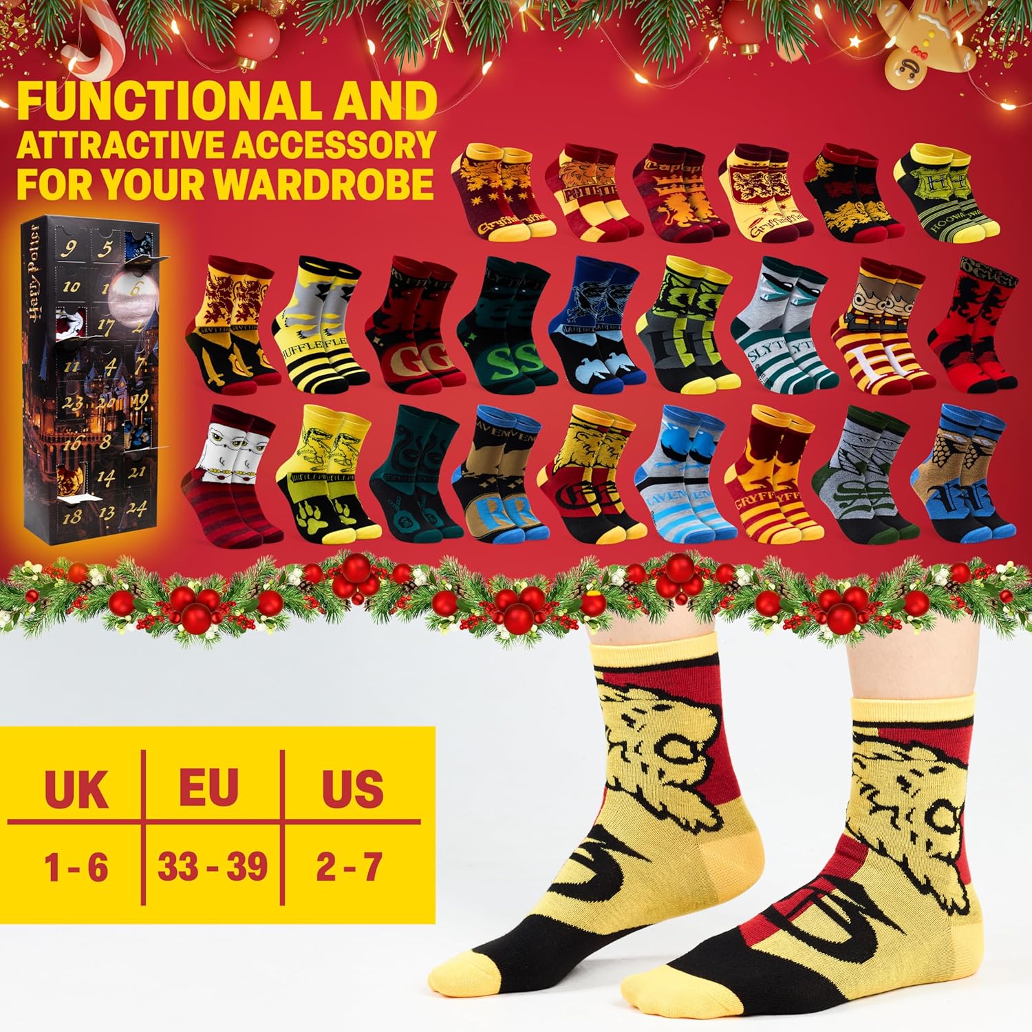 Get Trend Harry Potter 24 Pcs Socks Advent Calendar 2025 for Girls Teens Women, Size 2–7, Christmas Countdown with Gift Box, Sock Set (Multi Harry Potter)