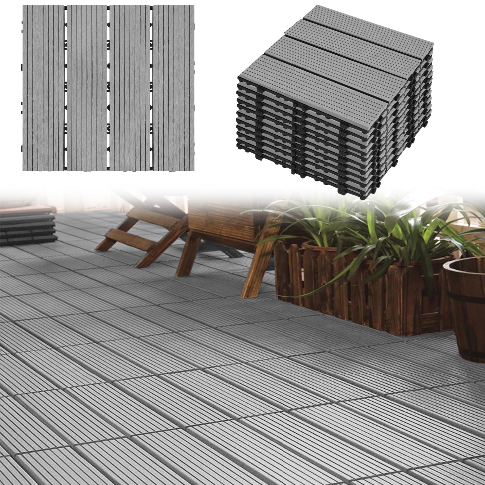 YEATHOR Garden Decking Tiles, WPC Plastic Terrace Tiles, 30x30cm Interlocking Flooring in Wood Look, Weather-Resistant, Indoor Outdoor Drainage Balcony Flooring, (55 Pieces = 5m², Light Grey)