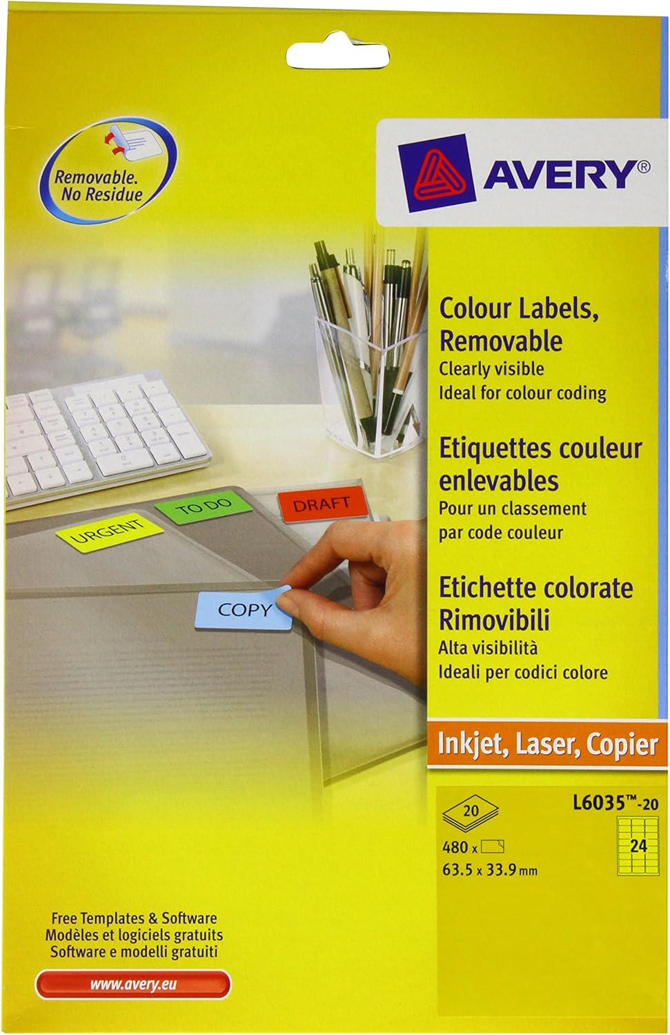 Avery L603520 Removable Coloured Labels (A4 Sheets of 63.5 x 33.9 mm