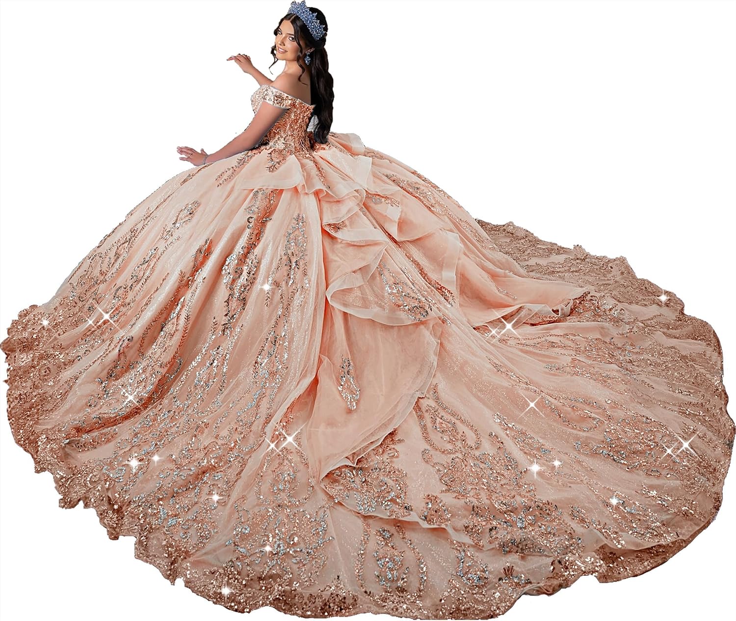 Zhangyo Off Shoulder Quinceanera Dresses with Train Ruffle Tulle Sweet 15 16 Dresses Sparkly Lace Ball Gown