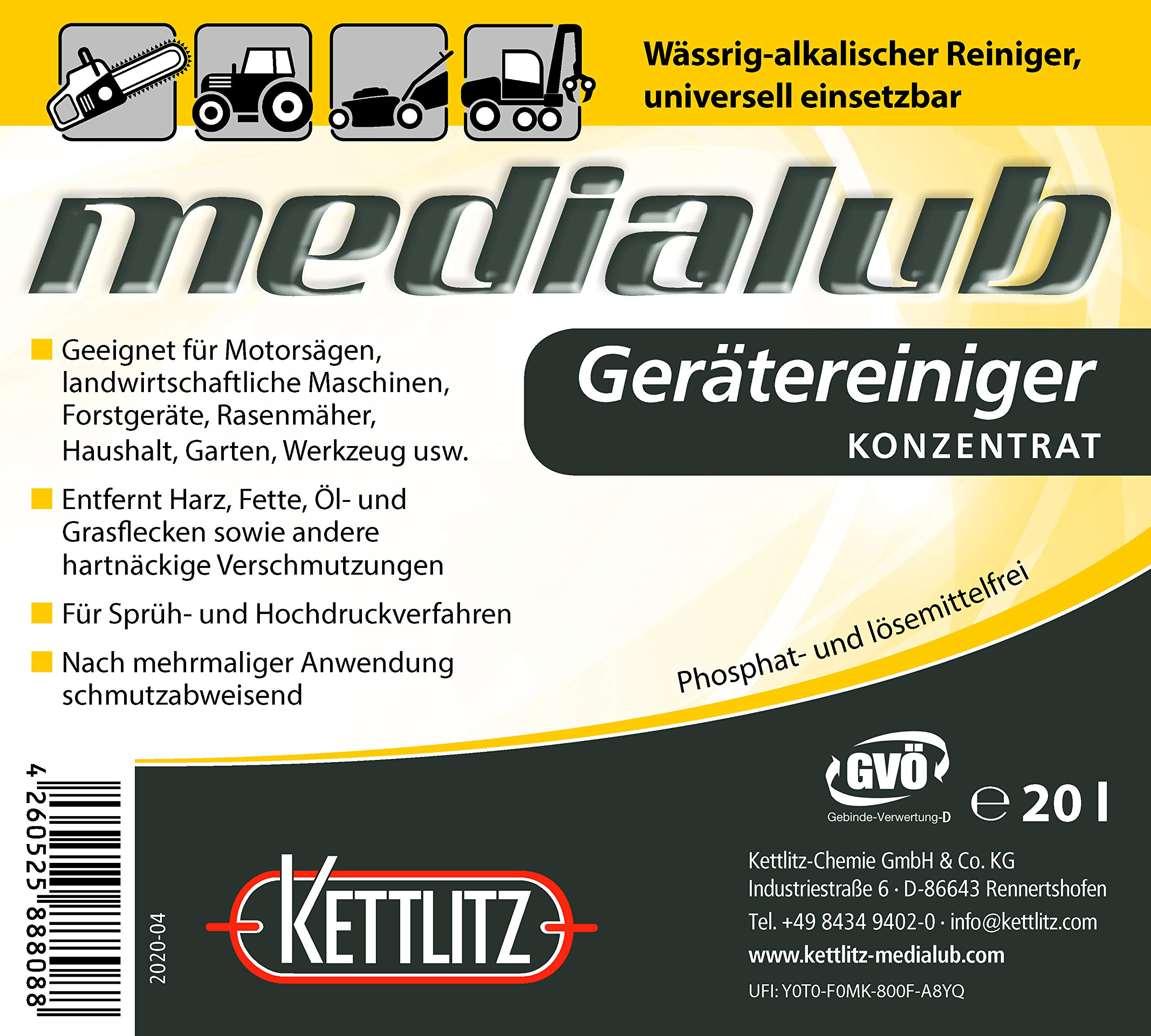 20 Liter Sägekettenreiniger KETTLITZ-Medialub Gerätereiniger Konzentrat Universalreiniger, Alkalischer Reiniger für Motorsägen
